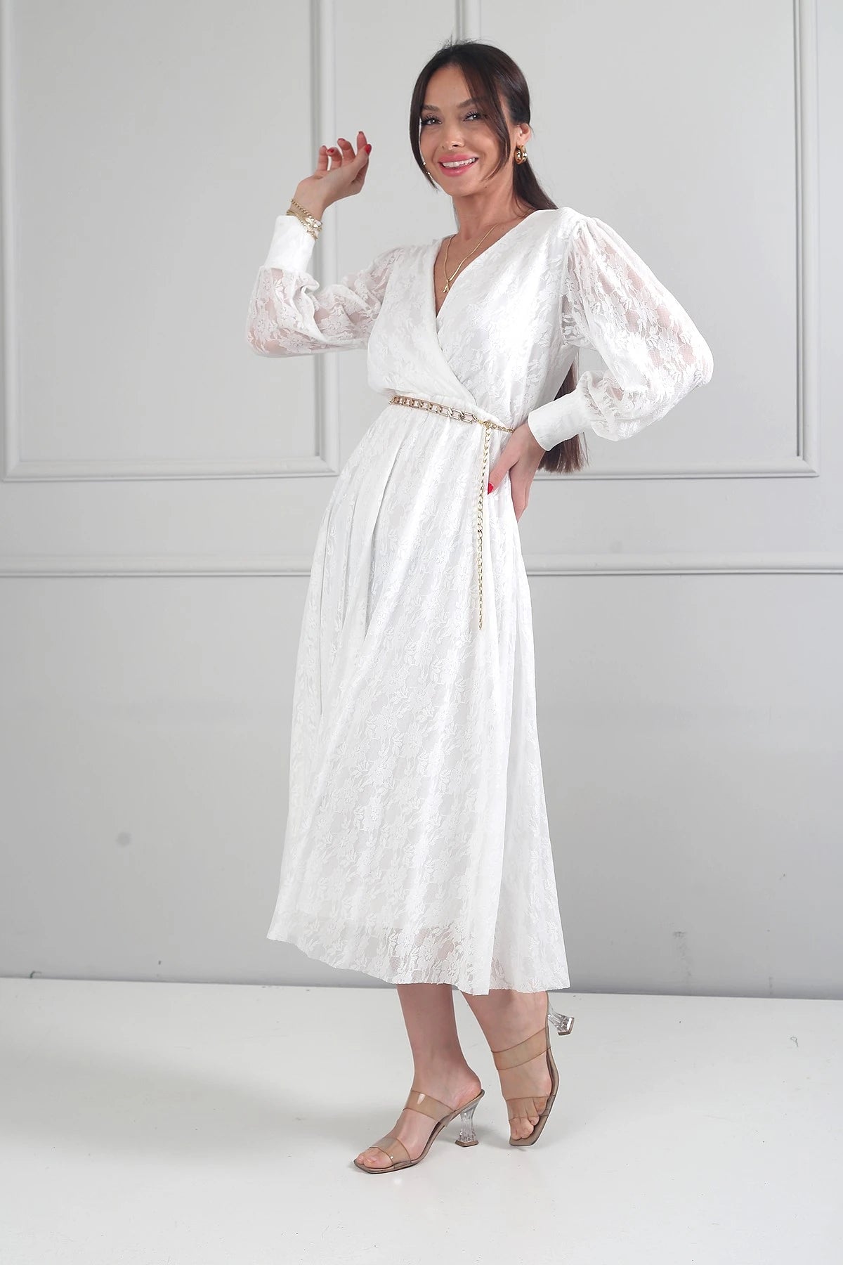 Image of Rochie midi din dantelă cu mânecă lungă și căptușeală, cu decolteu înfășurat și decolteu înfășurat pentru femei