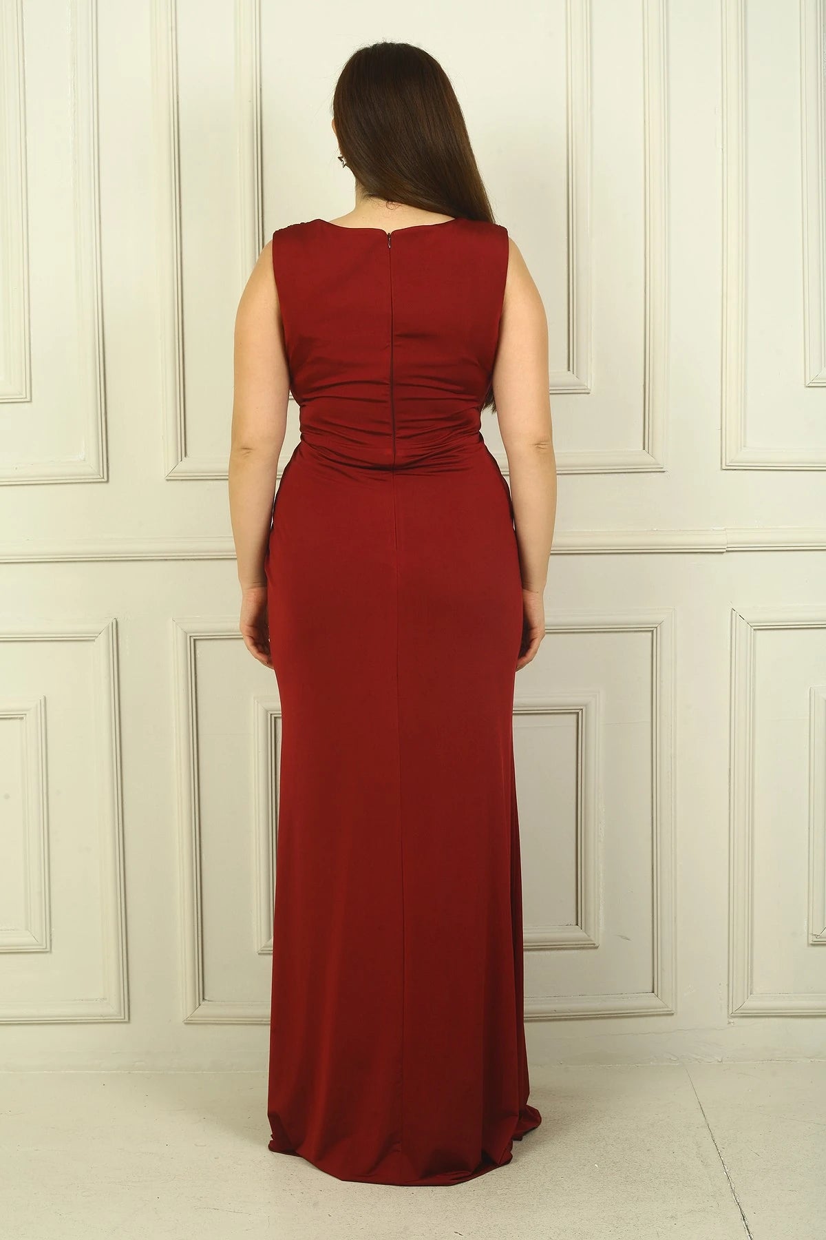 Image of Women's V-Neck Waist Buckle Draped Lined Front Slit Lycra Sandy Plus Size Long Dress