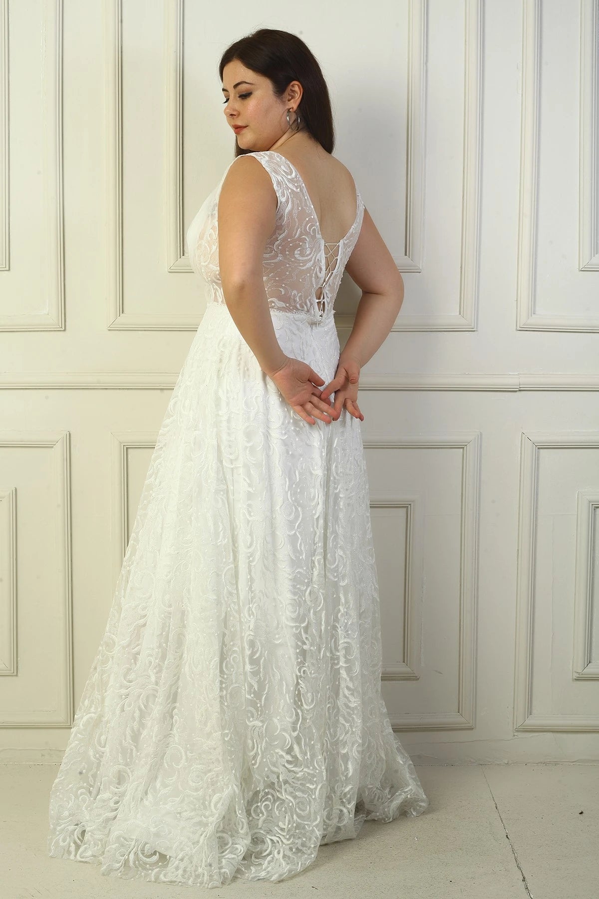 Image of Women's Front and Back V-Neck, Bust Pleat, Back Lace-up, Lined, Glitter Flock Print Long Evening Dress