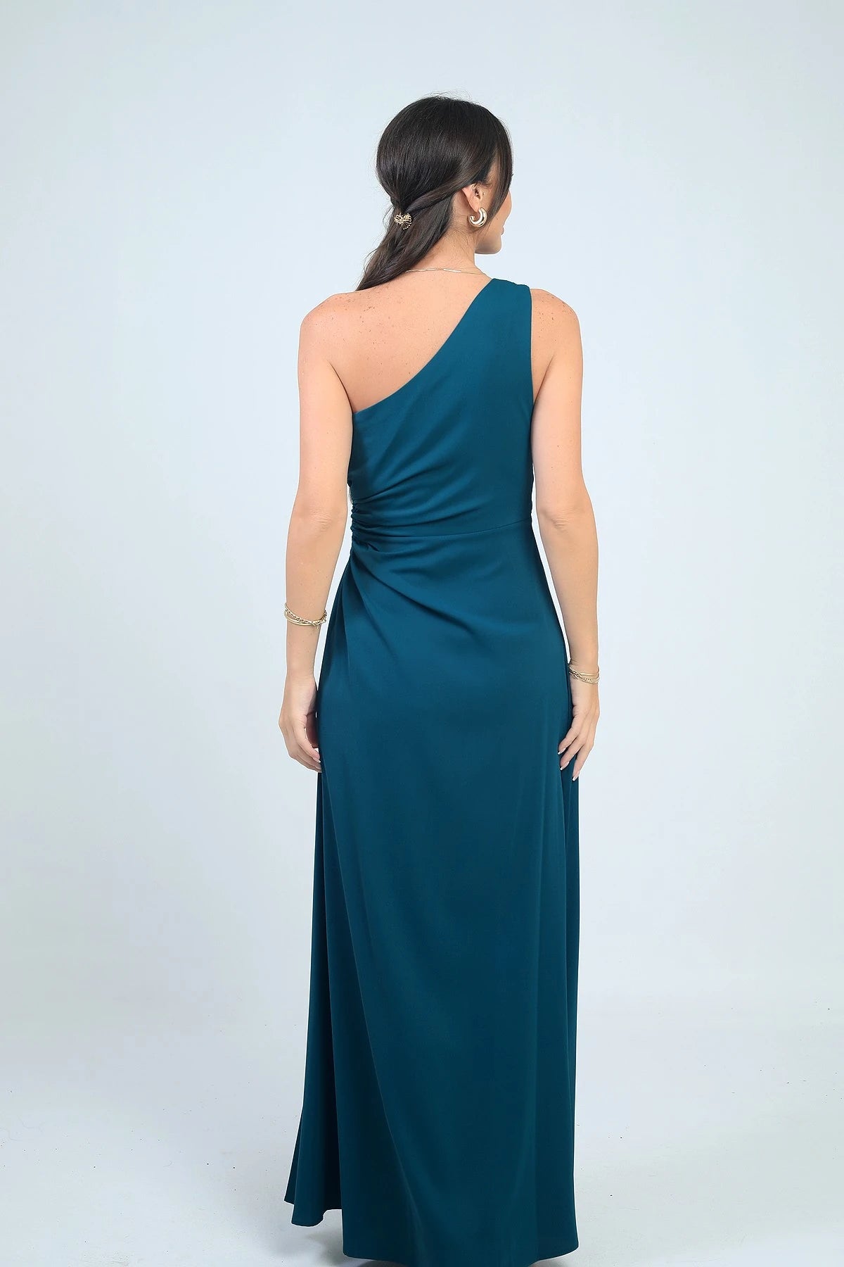 Image of Women's One-Shoulder Long Crepe Satin Dress with Side Window Detail