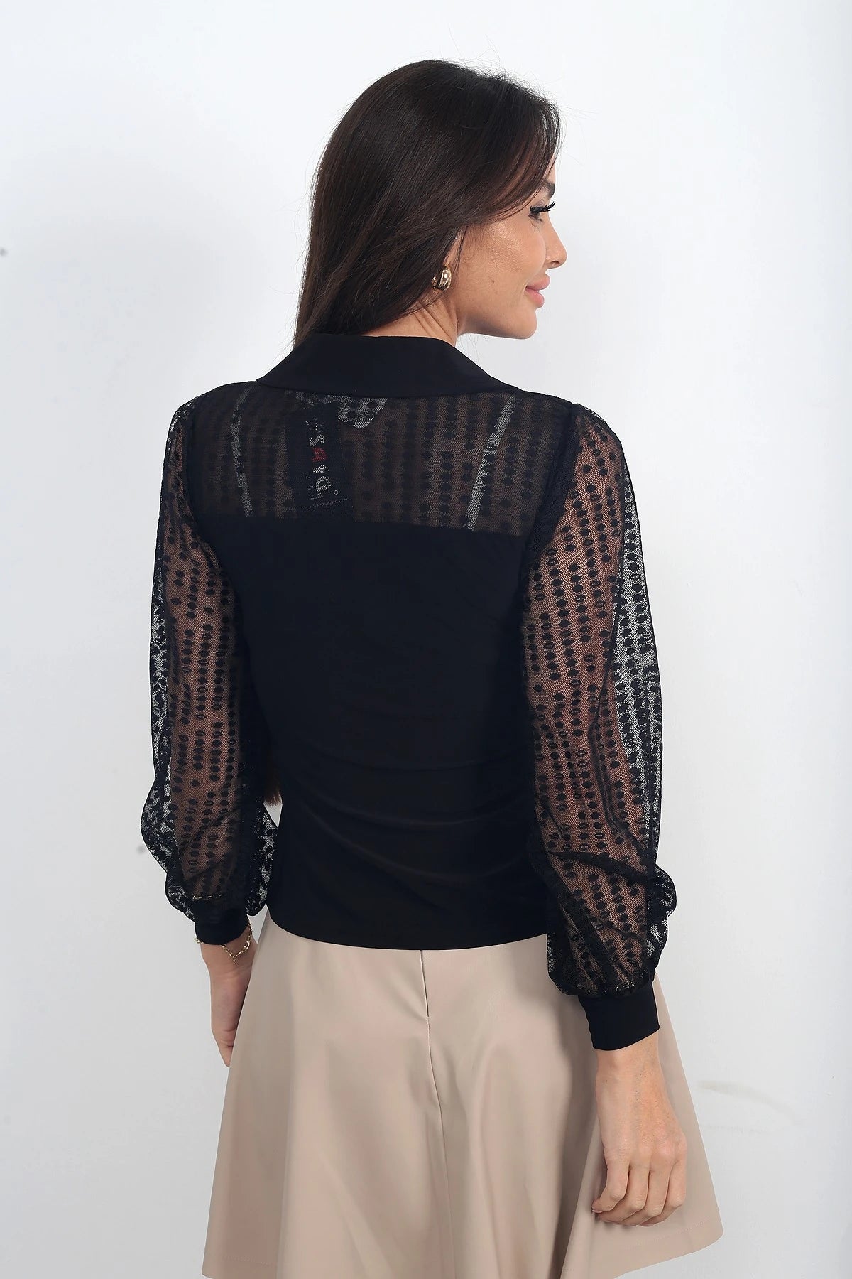 Image of Women's Polo Collar Blouse with Tulle Sleeves and Shoulders and Lycra Fabric