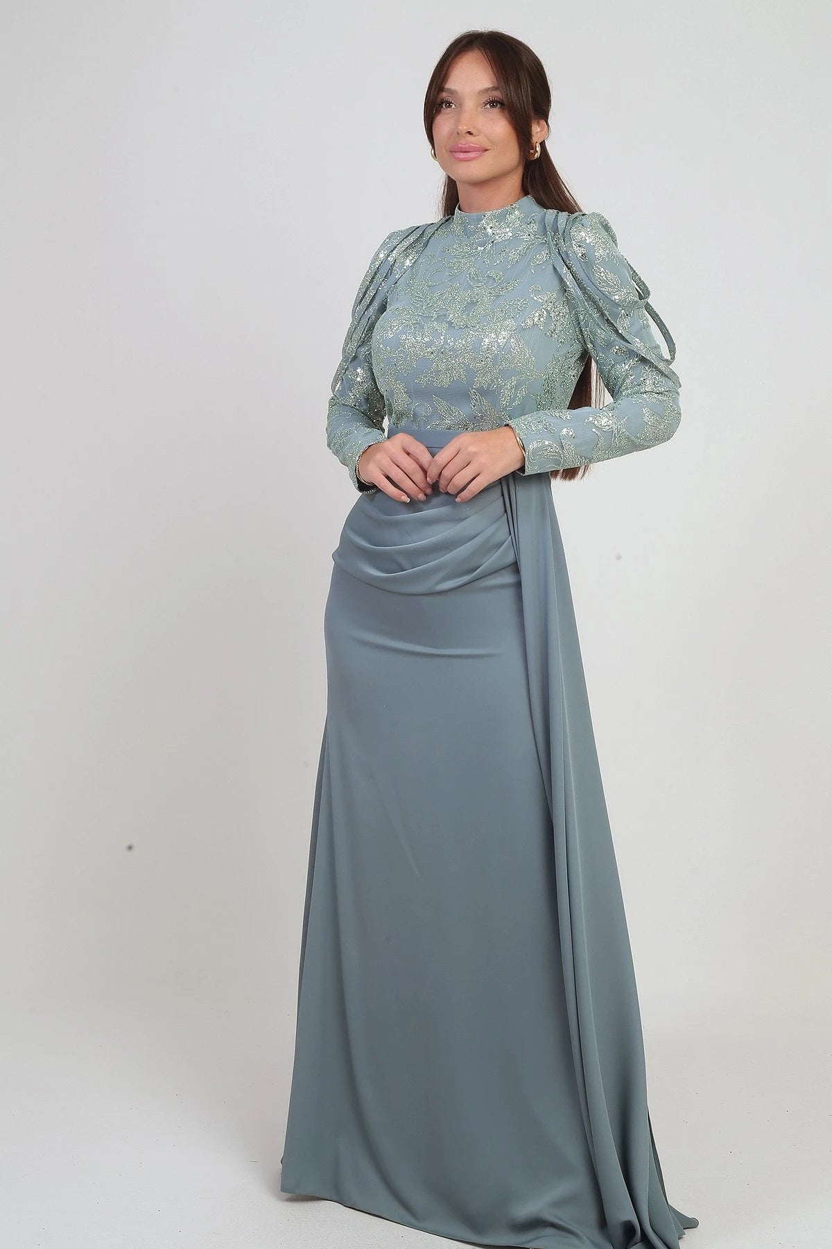 Image of Women's Long Chiffon Dress with Sequin and Glitter Detail on Top and Gathered Skirt, Lined