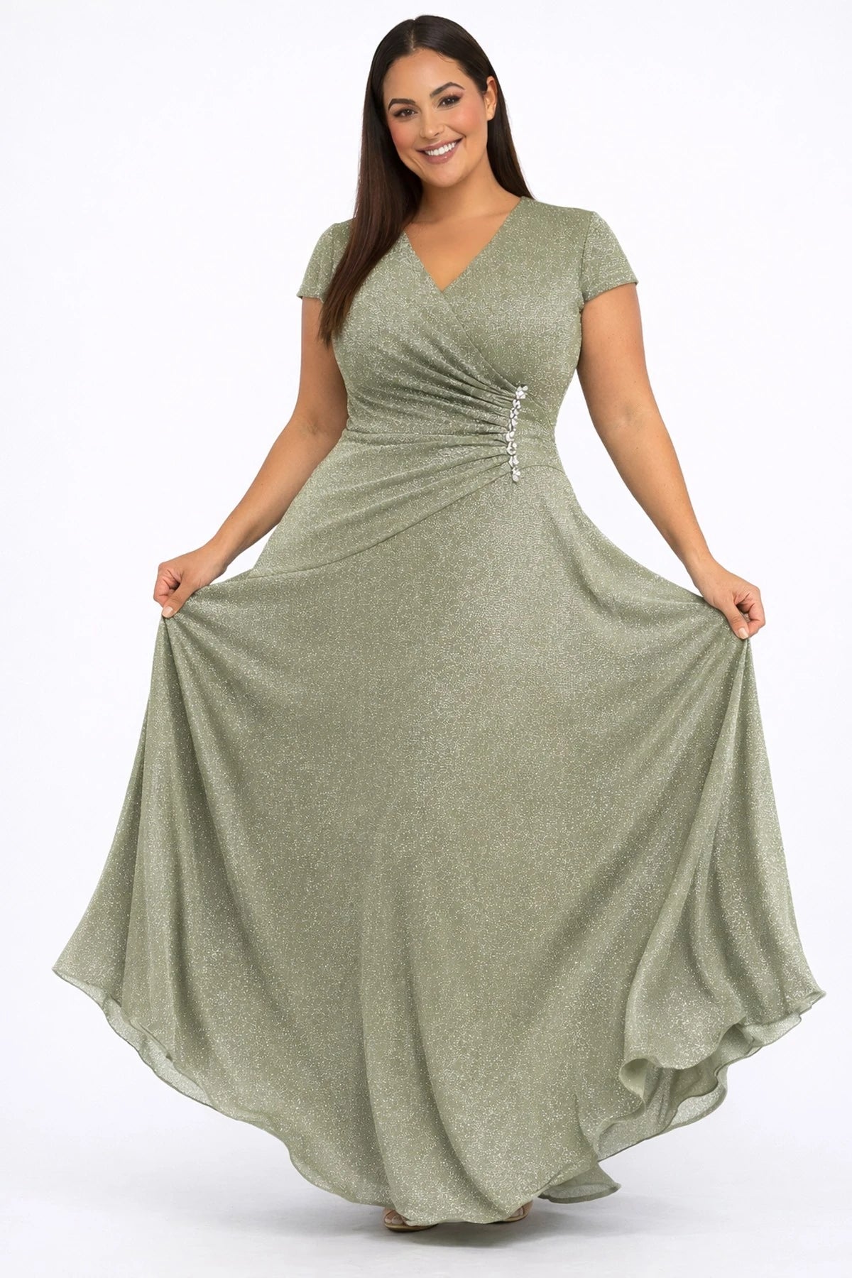 Image of Rochie lungă cu strălucire, cu decolteu în V, mânecă jumătate, căptușită, mărime plus, cu accesorii cu pietre
