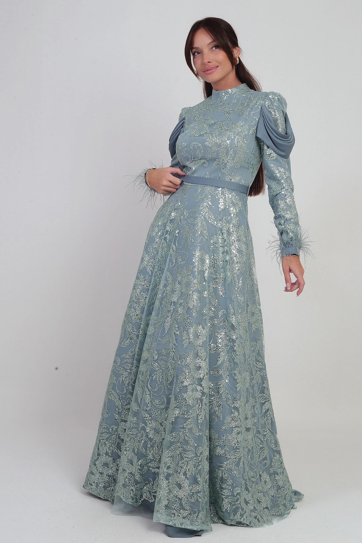 Image of Women's Long Dress with Feathered Sleeves, Beads and Glitter Details, and Lining