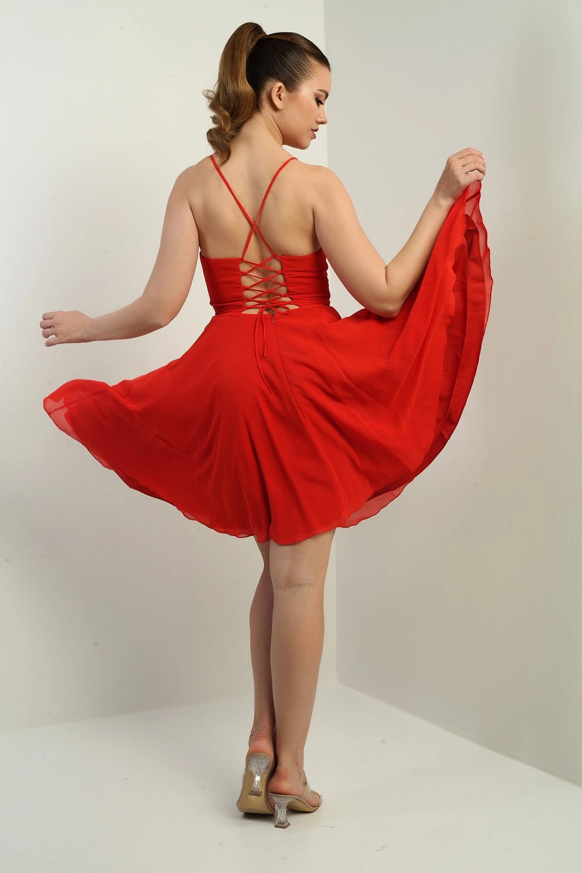 Image of Women's Strappy, Back-Tie, Front-Opening, Lined Chiffon Short Flared Dress