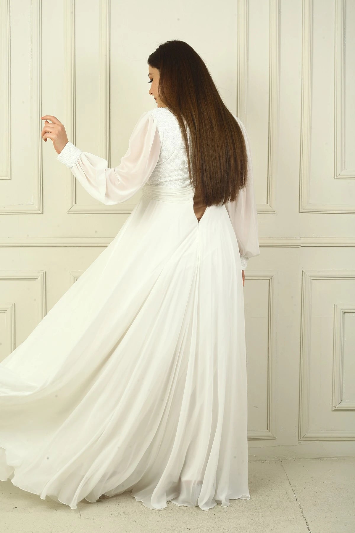 Image of Women's Front and Back V-Neck Sequined Lined Plus Size Long Chiffon Evening Dress