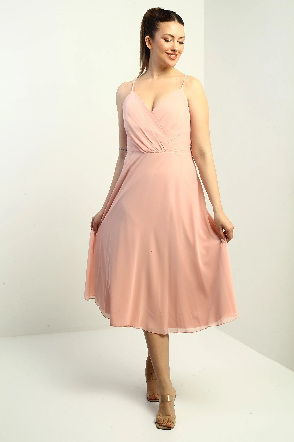 Image of Women's Strappy Wrap Neckline Lined Lace-Up Back Flared Chiffon Dress