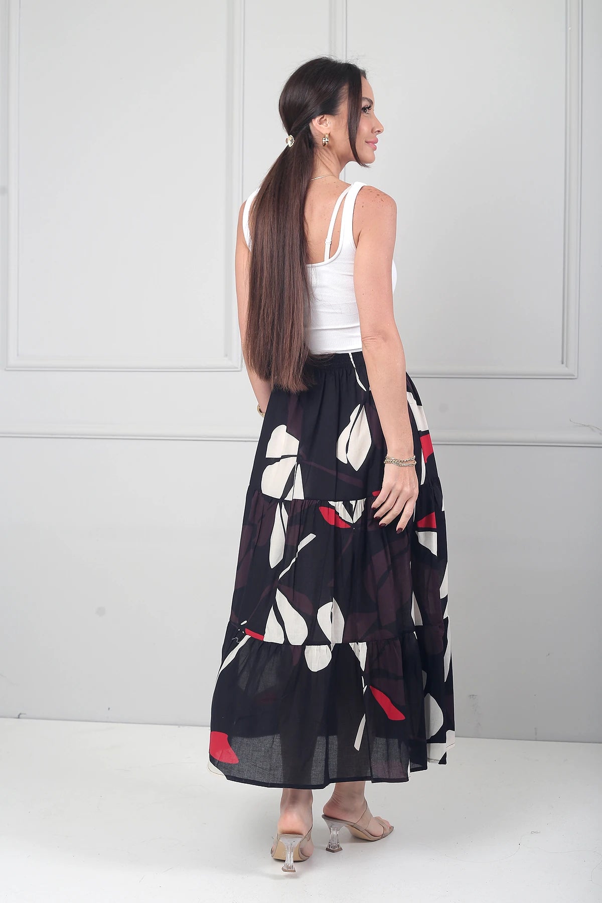 Image of Kadın Beli Lastikli Astarlı Çiçek Desenli Fırfırlı Midi Cotton Etek