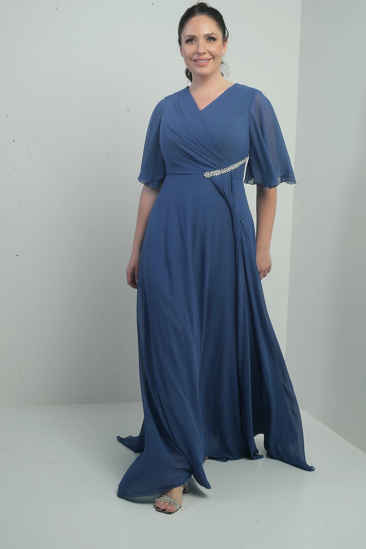 Image of Women's V-Neck, Waistband with Stone Embellishment, Draped, Lined, Plus Size Long Chiffon Dress