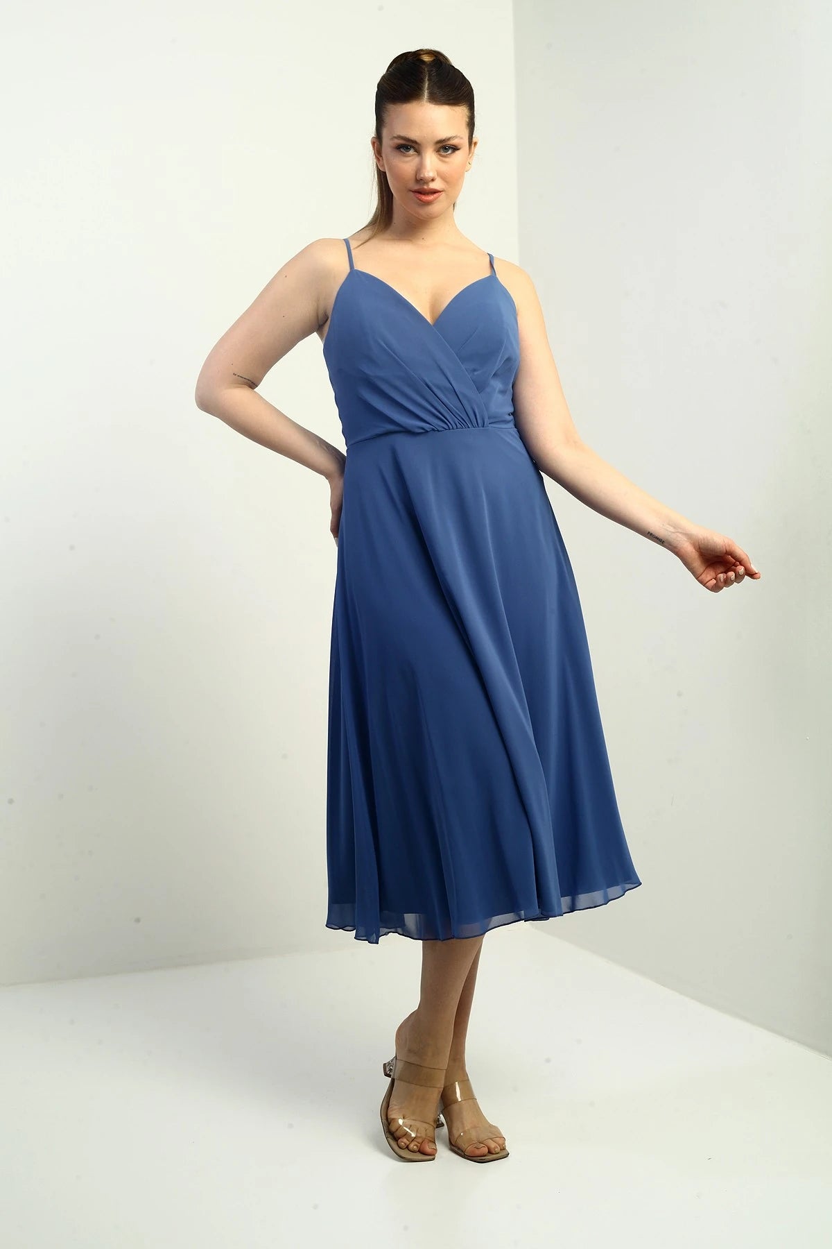 Image of Women's Strappy Wrap Neckline Lined Lace-Up Back Flared Chiffon Dress