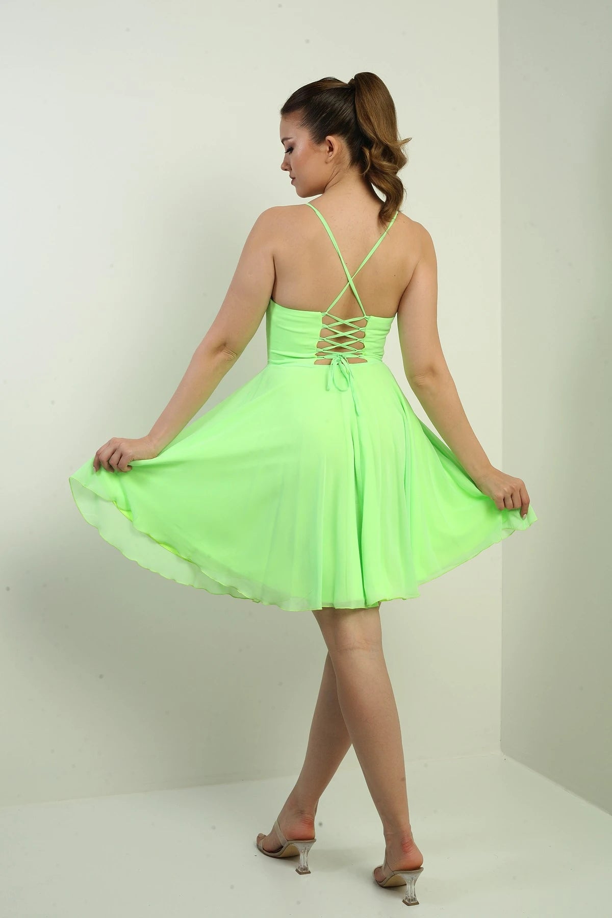 Image of Women's Strappy, Back-Tie, Front-Opening, Lined Chiffon Short Flared Dress