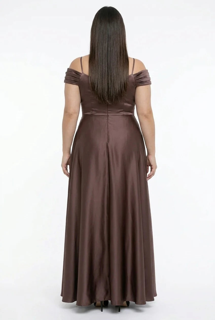 Image of Rochie de seară lungă din satin pentru femei, cu decolteu în V, bretele, mâneci căzute, cu imprimeu, mărime plus