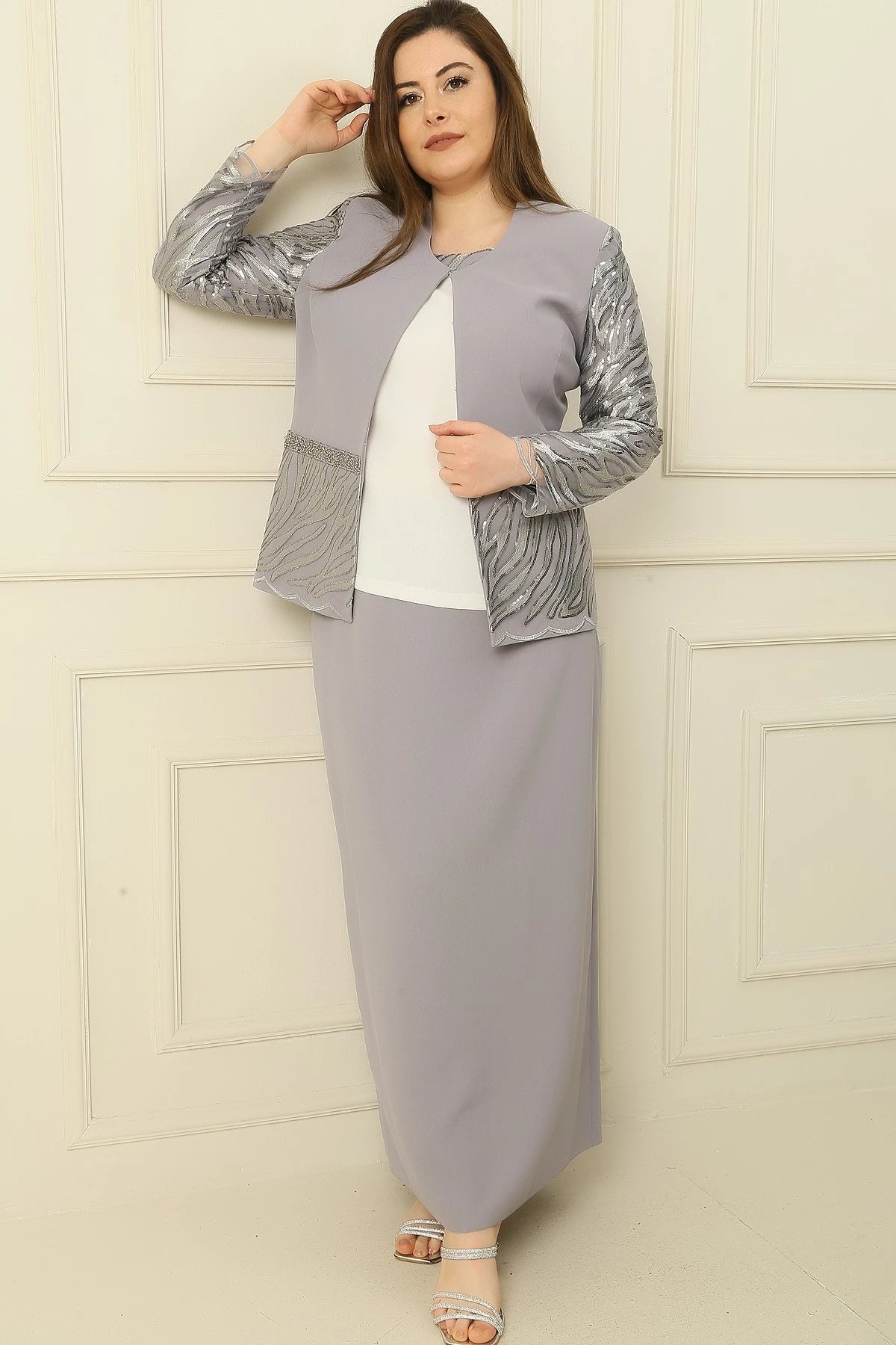 Image of Three-Piece Set: Half-Moon Sleeve Blouse, Sequin Embroidered Jacket and Skirt with Bead Details, Lined, Plus Size.