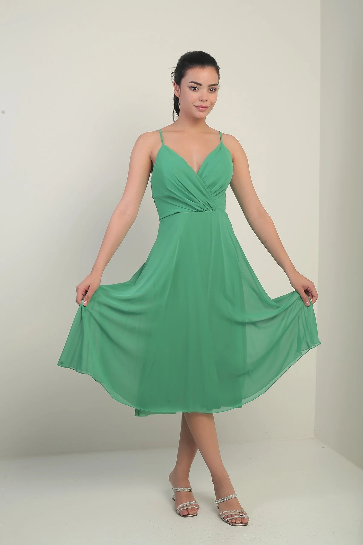 Image of Women's Strappy Wrap Neckline Lined Lace-Up Back Flared Chiffon Dress