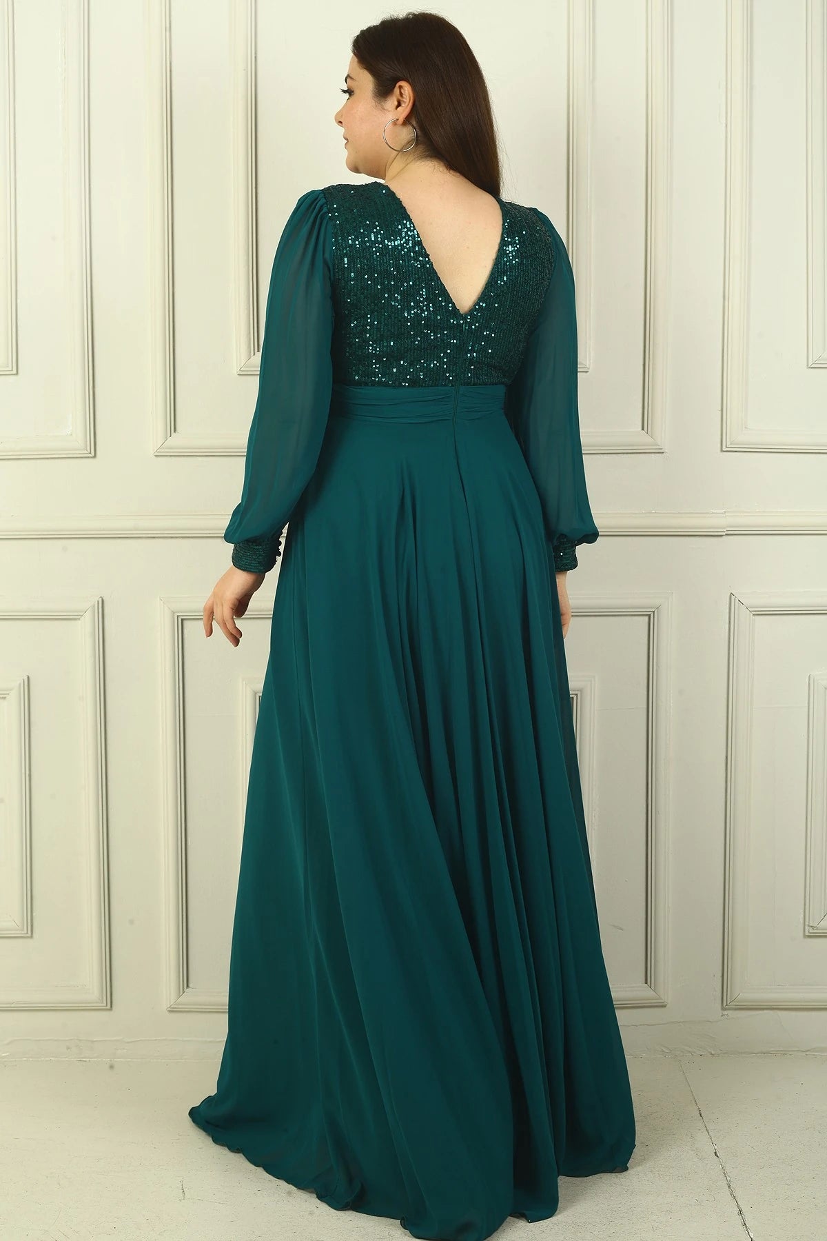 Image of Women's Front and Back V-Neck Sequined Lined Plus Size Long Chiffon Evening Dress
