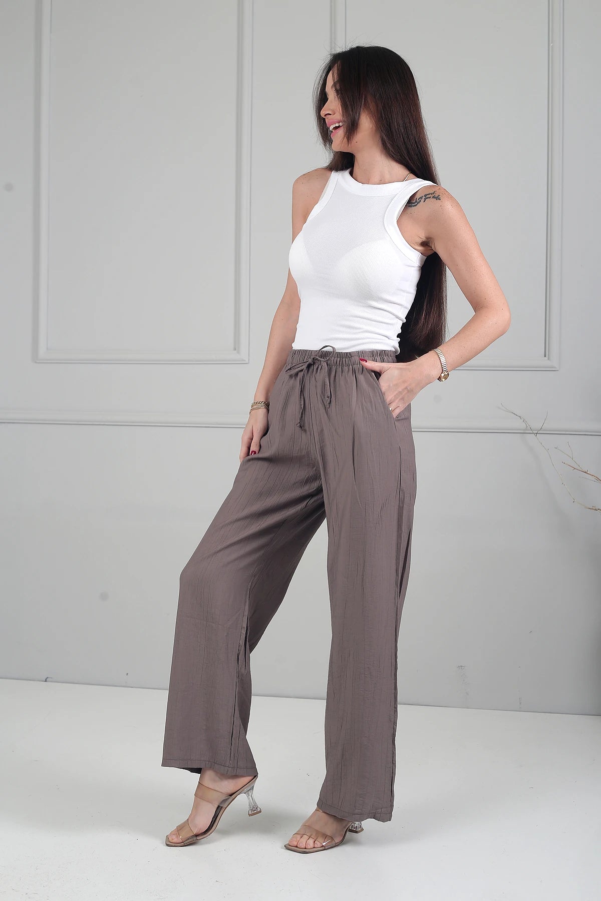 Image of Women's Elastic Waist Wide Leg Strawberry Patterned Pants with Pockets
