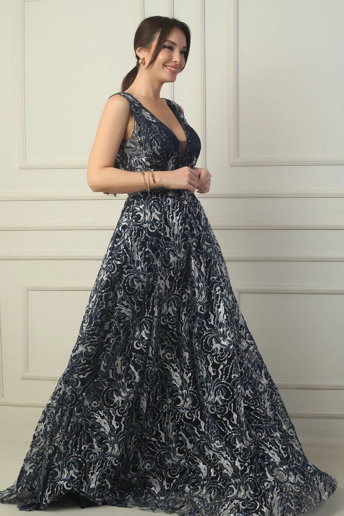 Image of Women's Front and Back V-Neck, Bust Pleat, Back Lace-up, Lined, Glitter Flock Print Long Evening Dress