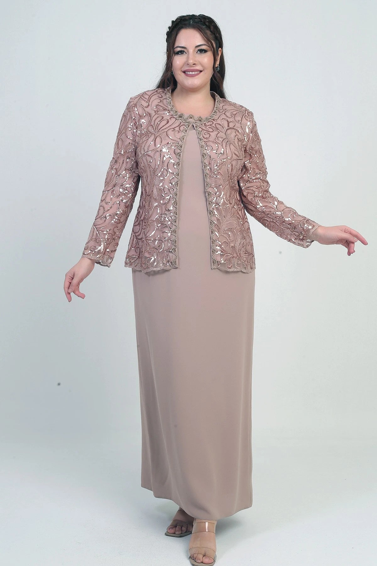 Image of Women's Sequin Embellished Beaded Tulle Jacket, Half-Moon Sleeve Long Dress, Lined Crepe, Plus Size 2-Piece Set