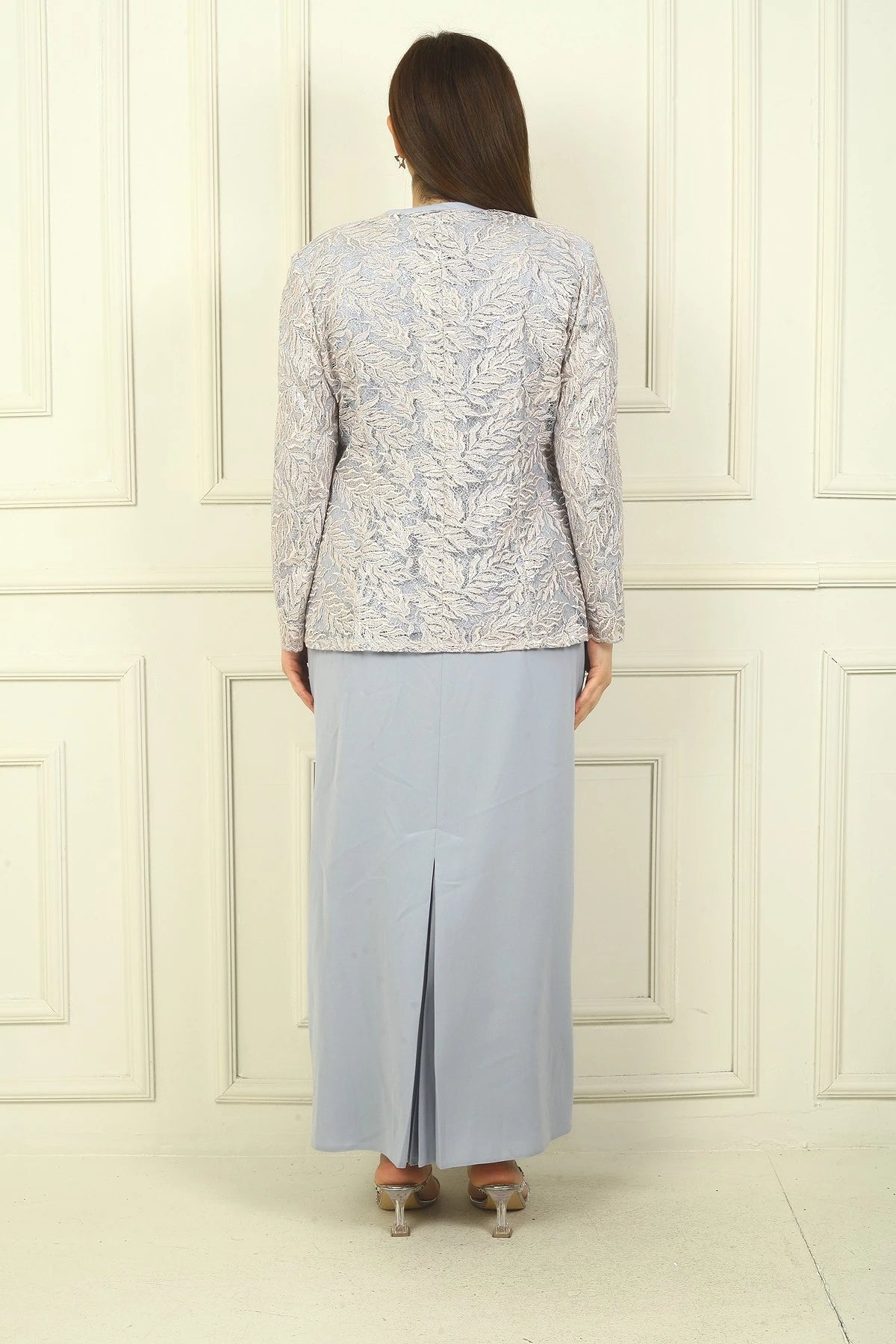 Image of Long Dress with Beaded Collar, Plus Size Two-Piece Set with Beaded and Sequin Embroidered Jacket, Lined.