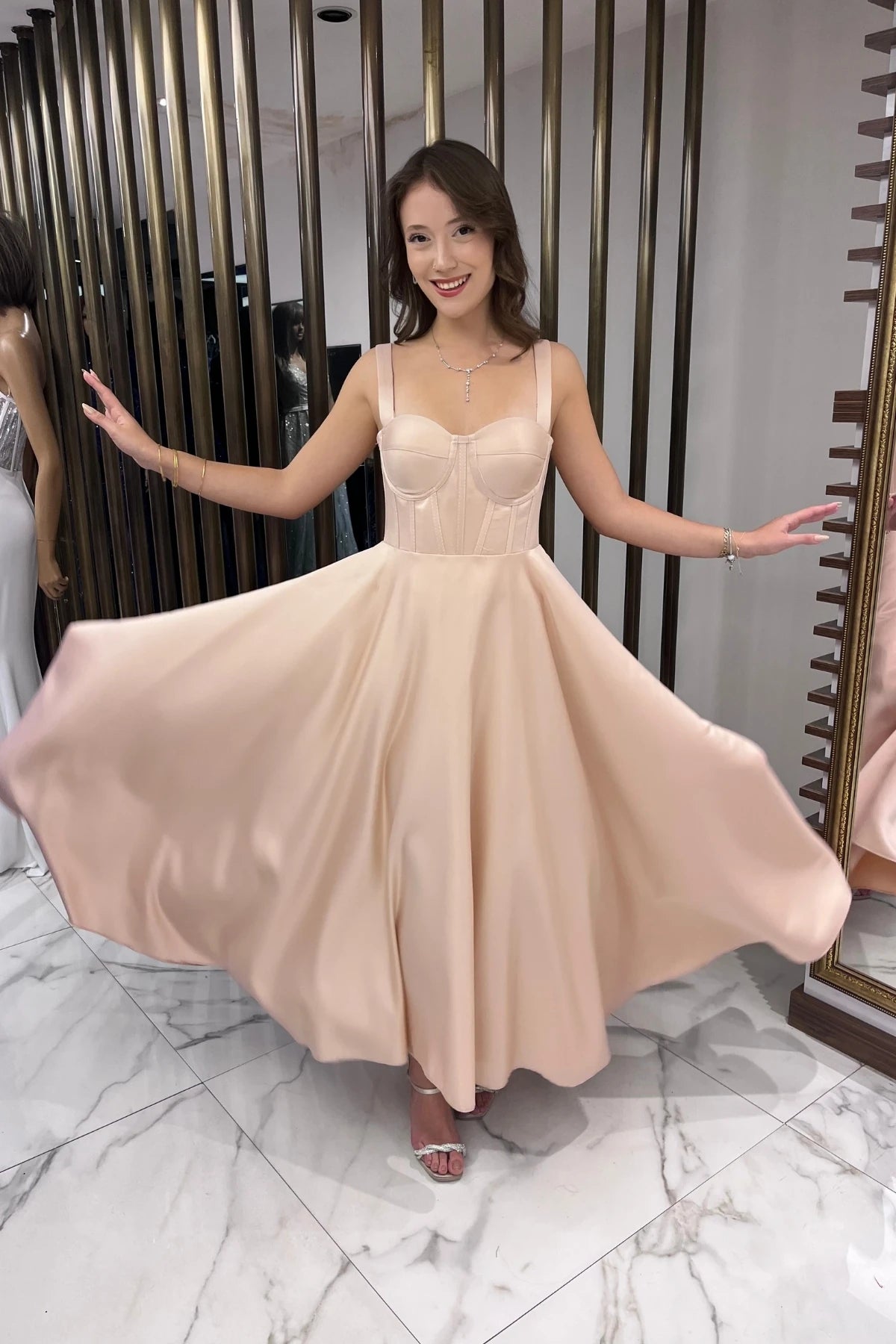 Image of Women's Strappy Back Lace-up Corset Satin Flared Midi Dress