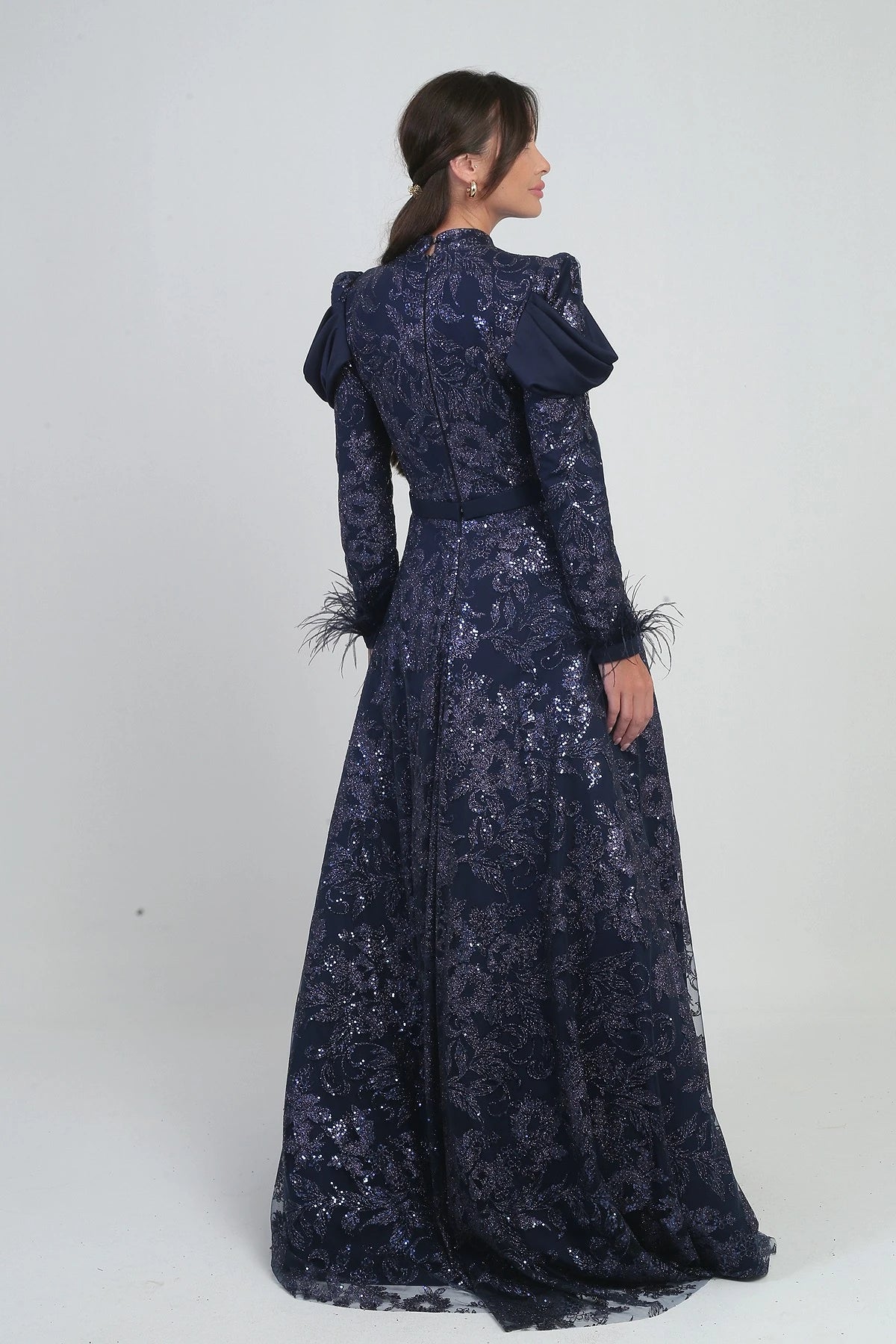 Image of Women's Long Dress with Feathered Sleeves, Beads and Glitter Details, and Lining