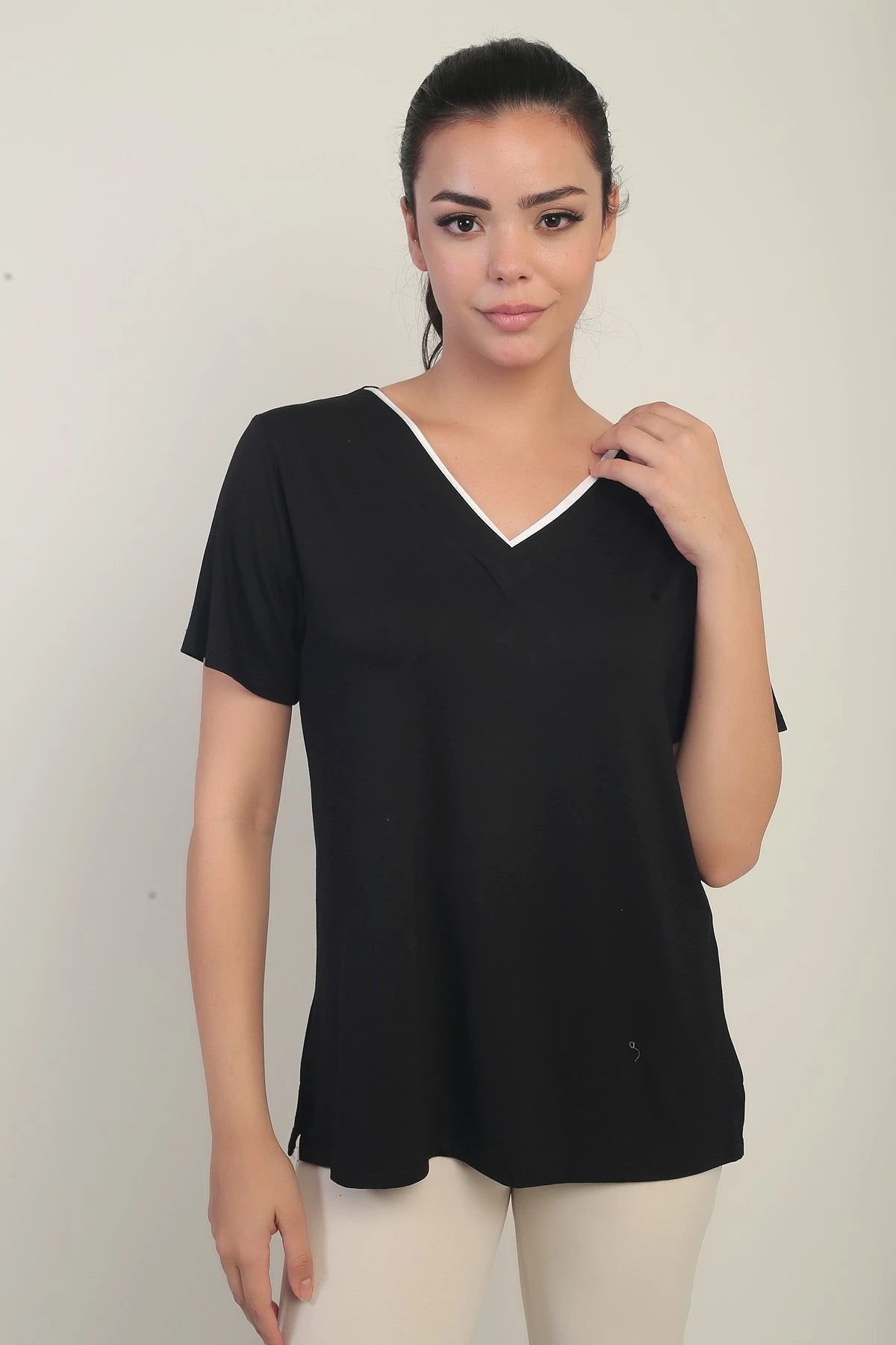 Image of Women's White V-Neck Lycra Blouse with Trim