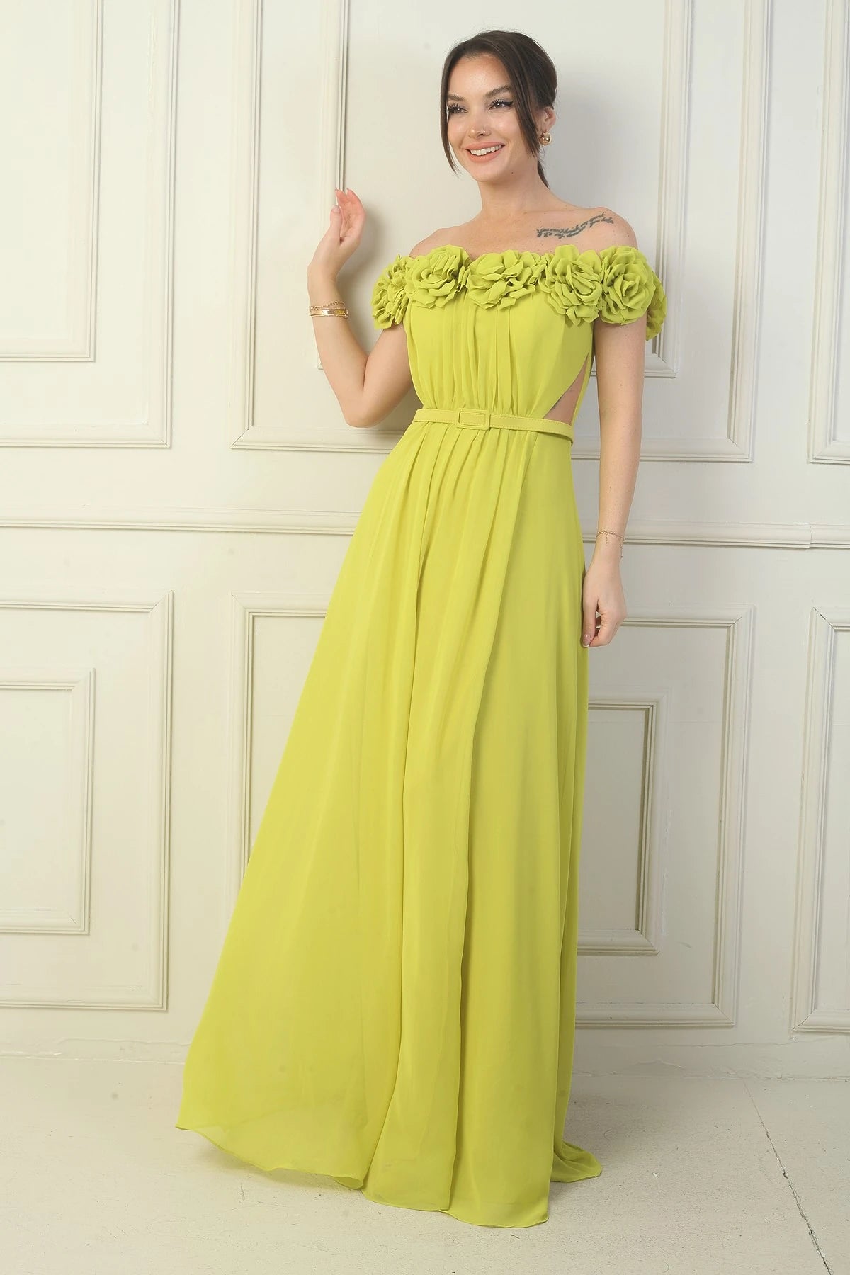 Image of Women's Long Chiffon Dress with Laser-Cut Floral Neckline and Lining, Belted Waist