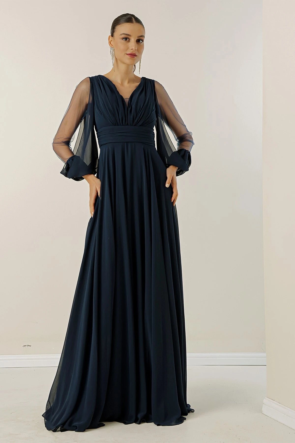 Image of Front and back V-neck, draped front, tulle sleeves, lined, wide-length chiffon dress.