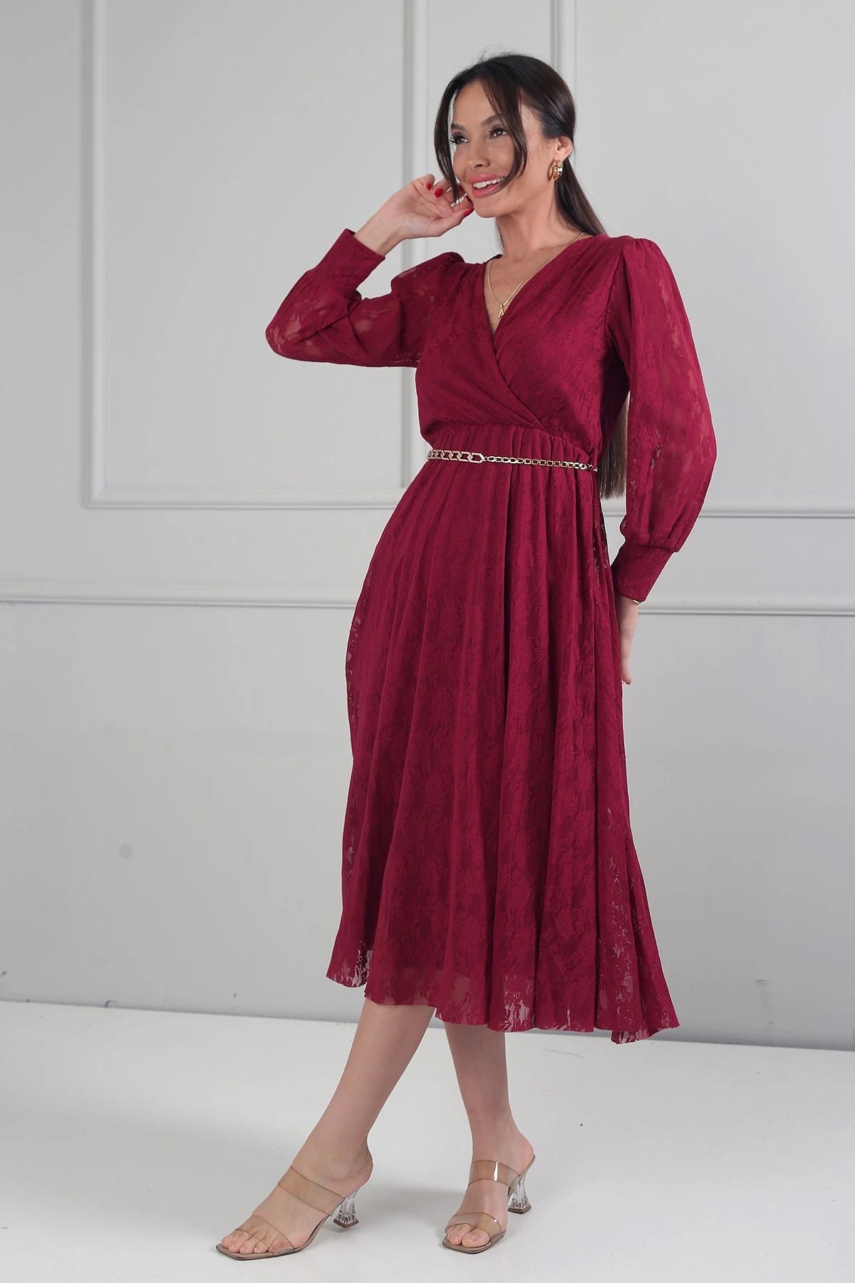 Image of Rochie midi din dantelă cu mânecă lungă și căptușeală, cu decolteu înfășurat și decolteu înfășurat pentru femei