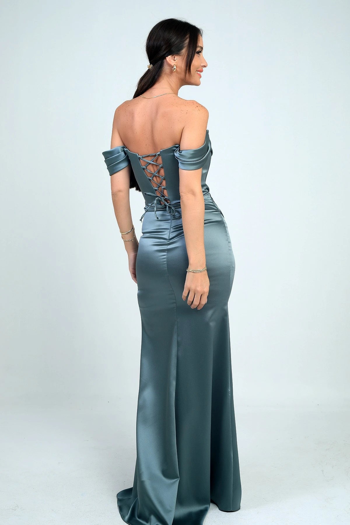 Image of Women's Strapless Low-Sleeve Lined Underwired Satin Long Dress