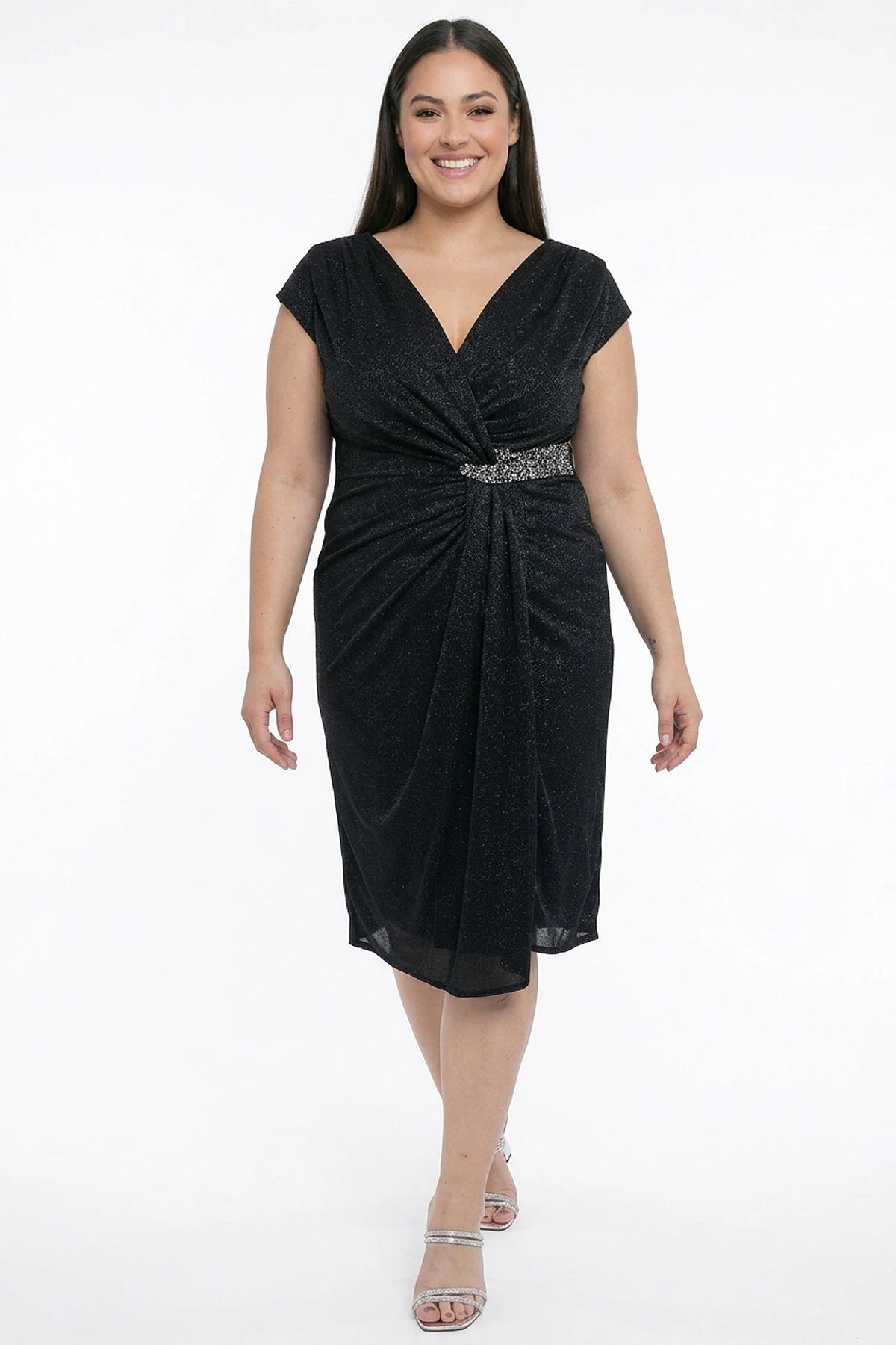 Image of Women's Wrap Neckline Half-Moon Sleeve Lined Plus Size Short Dress with Rhinestone and Glitter Embellishment at the Waist