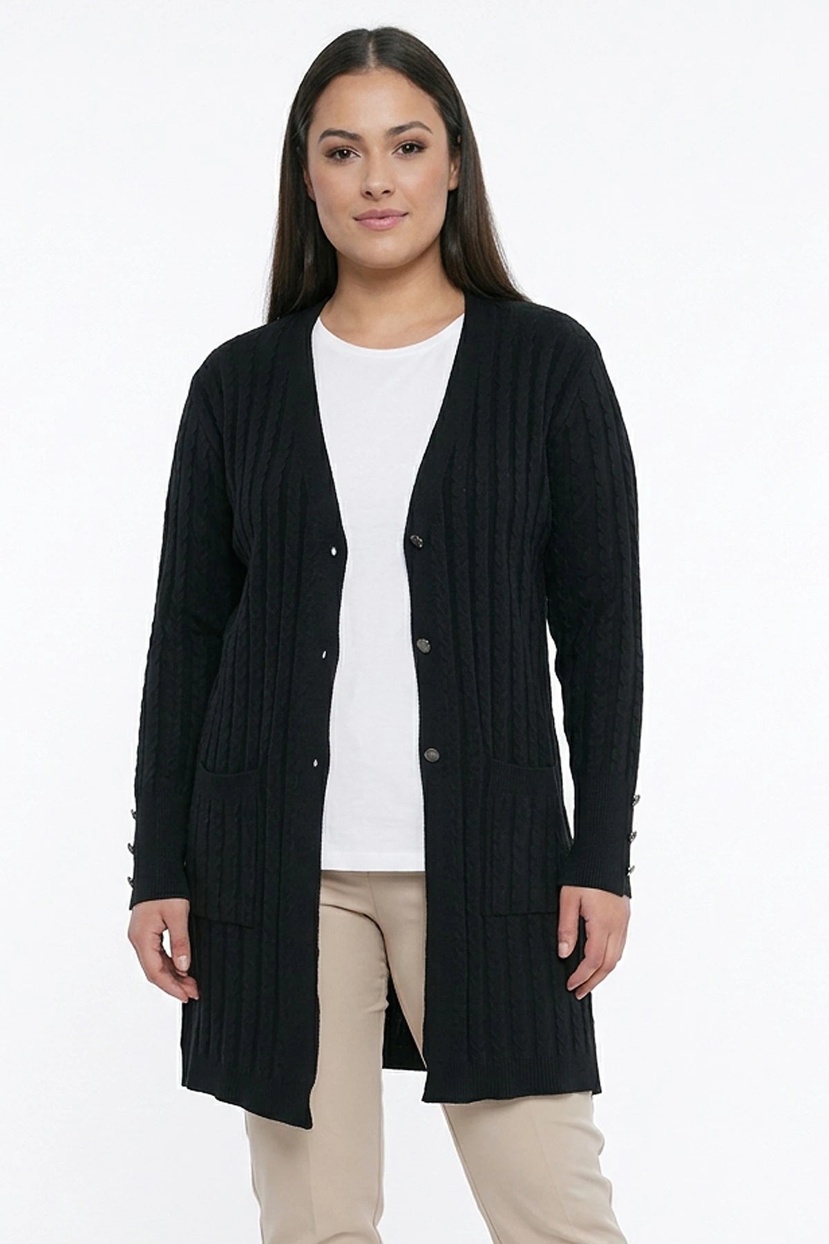 Image of Women's Cable Knit Mercerized Lycra Plus Size Cardigan