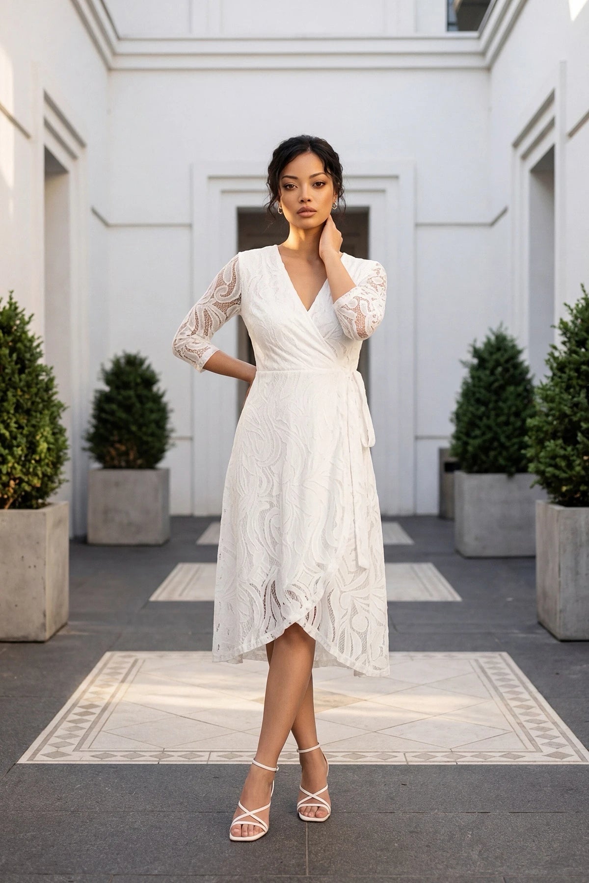 Image of Wrap Neckline Lined Envelope Lace Dress