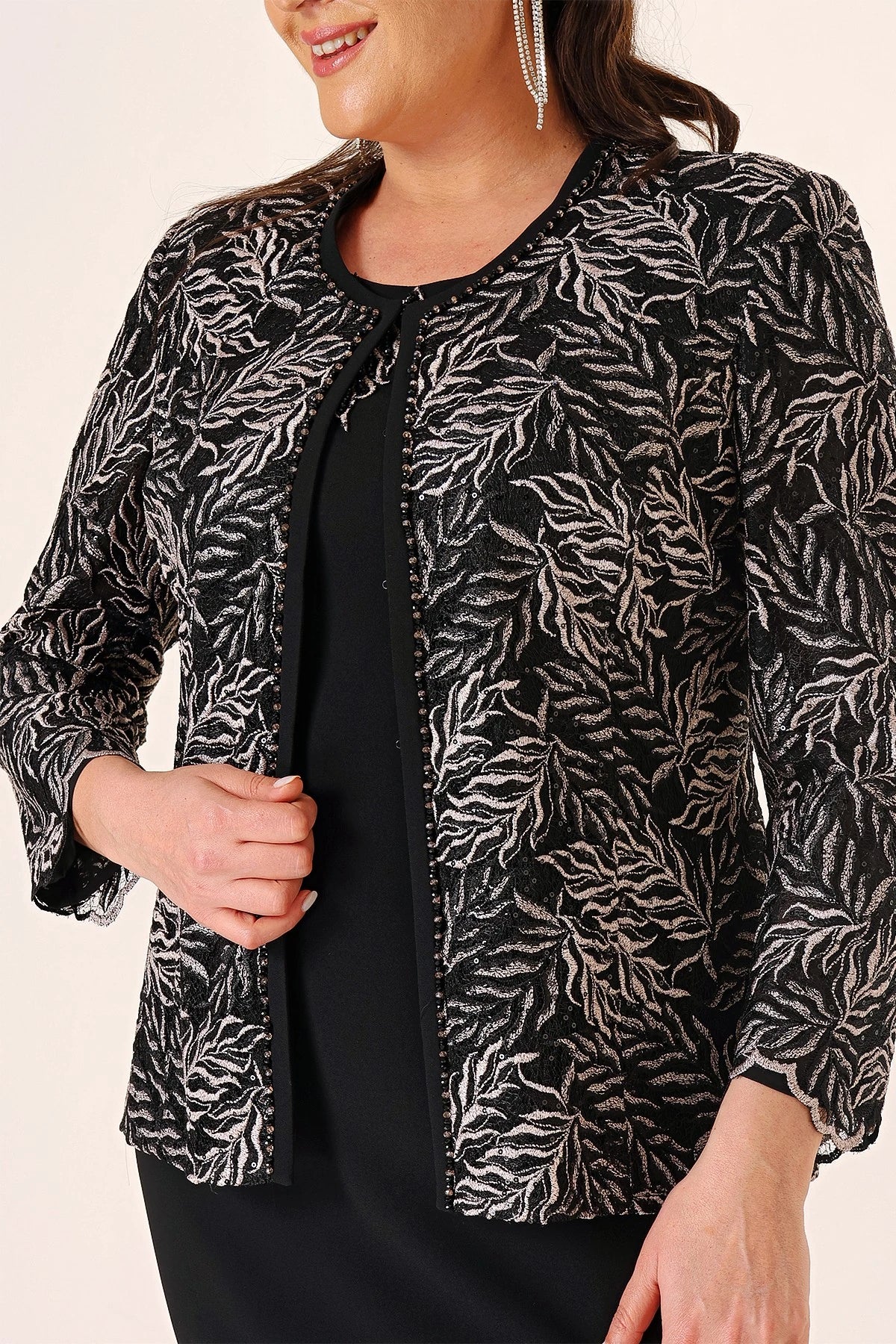 Image of Long Dress with Beaded Collar, Plus Size Two-Piece Set with Beaded and Sequin Embroidered Jacket, Lined.