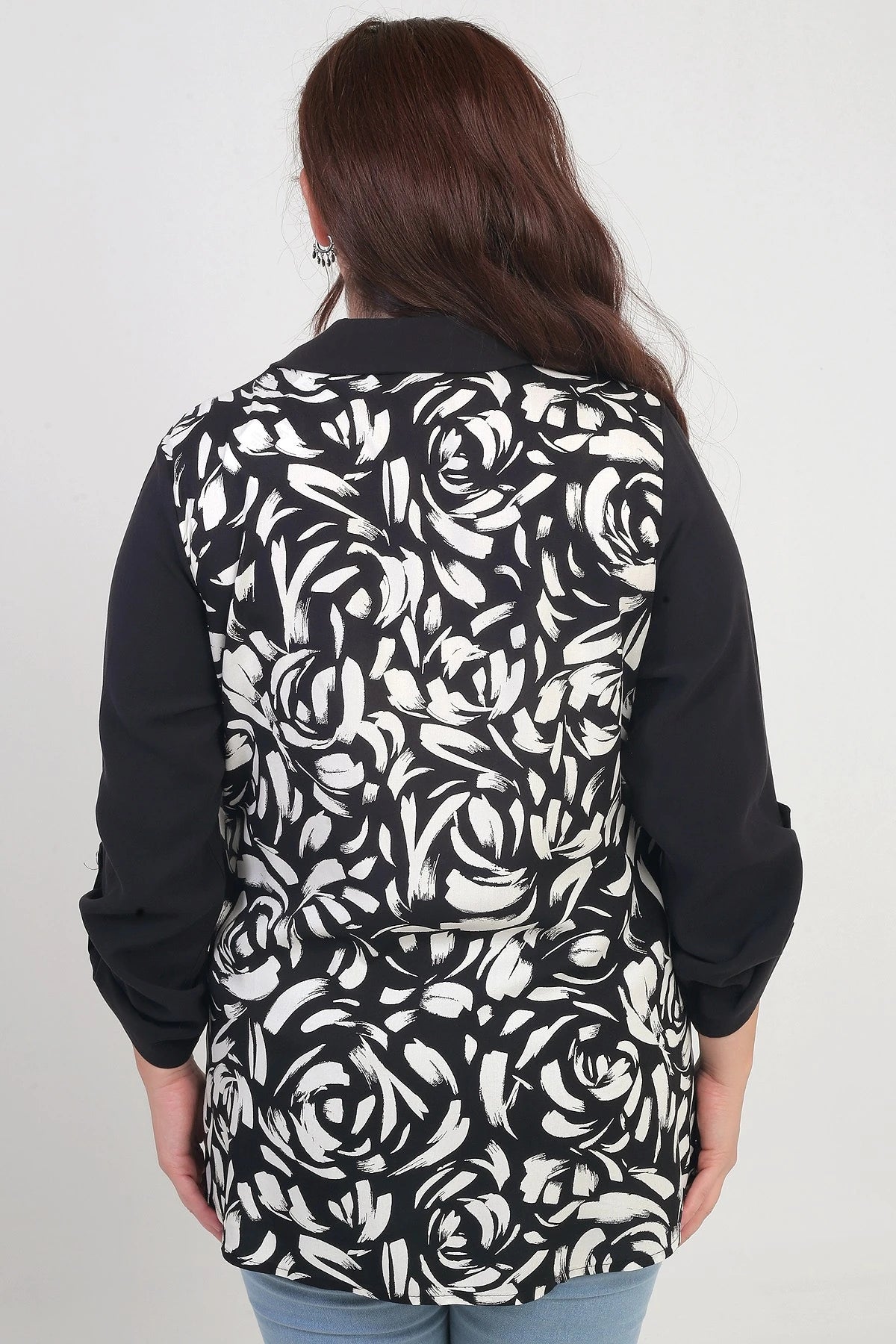 Image of Women's Plus Size Shirt with Fold-Up Sleeves, Brush Pattern, and Pocket Flaps