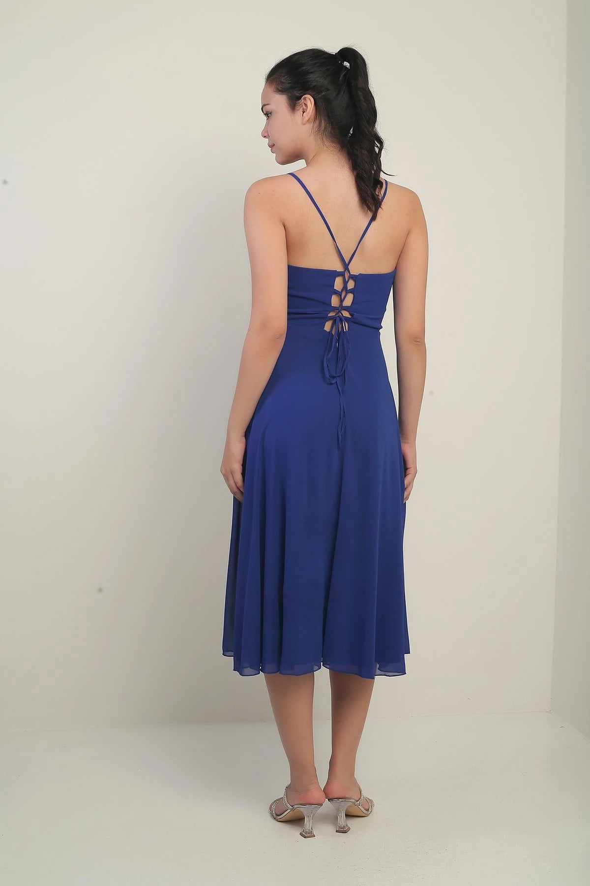 Image of Women's Strappy Wrap Neckline Lined Lace-Up Back Flared Chiffon Dress