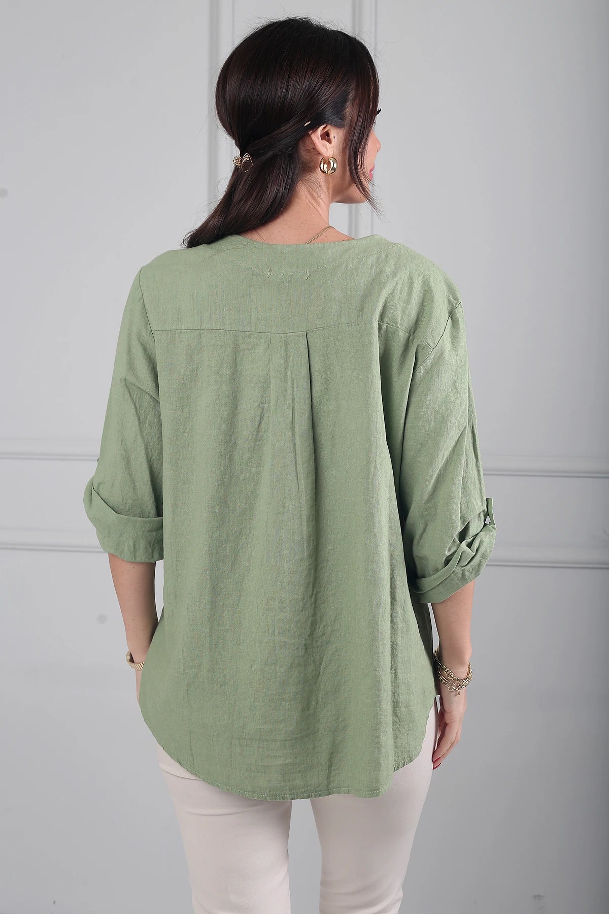 Image of Kadın Düğme Detaylı İtalyan Cotton Oversize Bluz