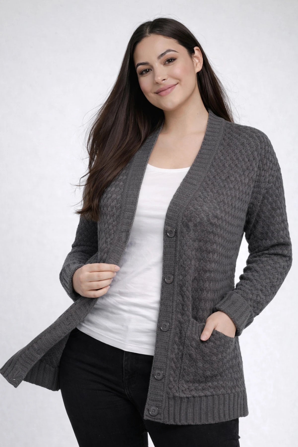 Image of Women's Basket Weave Pattern Pocketed Tunic Cardigan