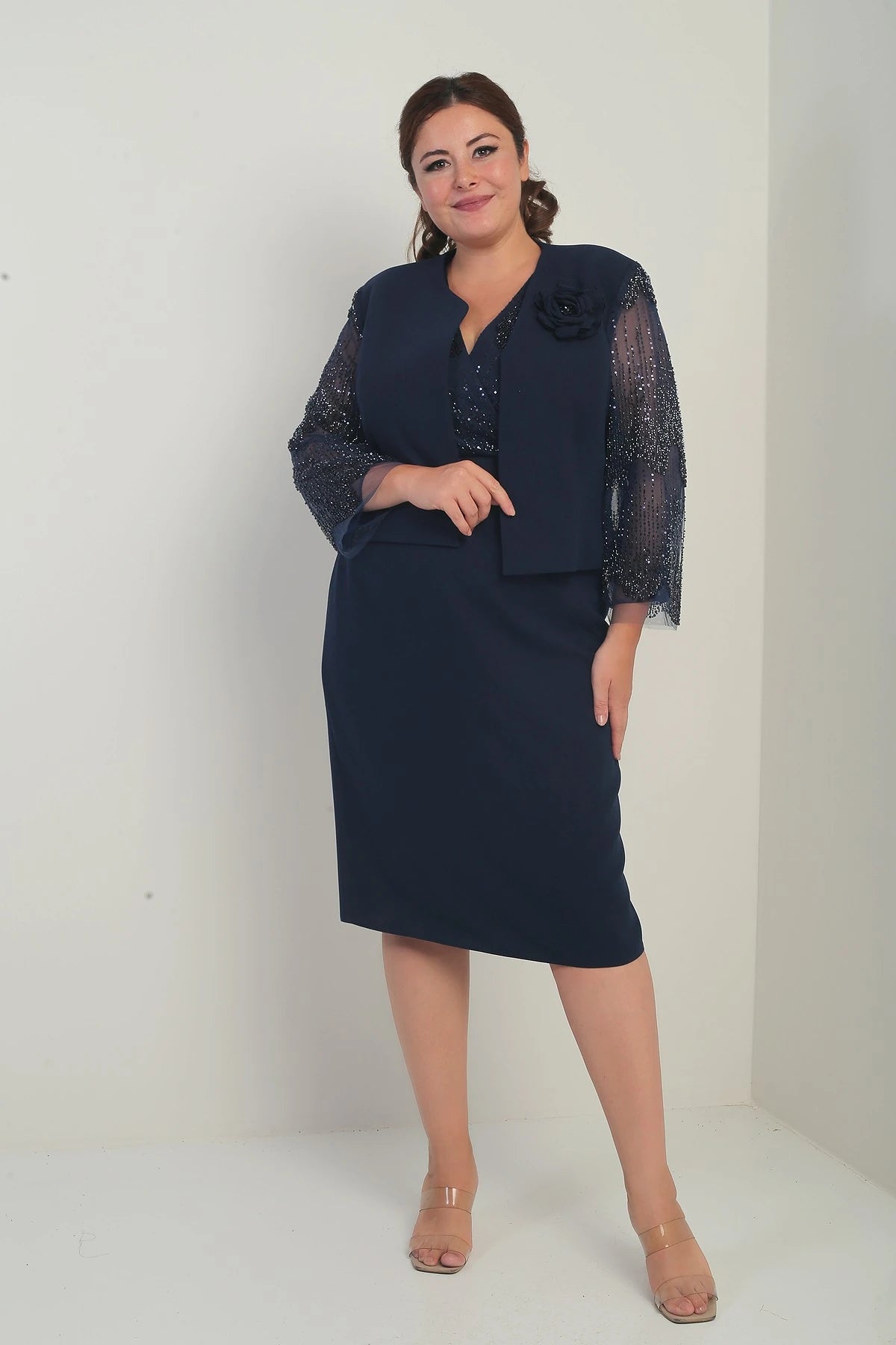 Image of Women's Wrap Neckline Draped Waist Dress with Tulle Sleeves, Lined Jacket with Sequin Details, Plus Size Two-Piece Set