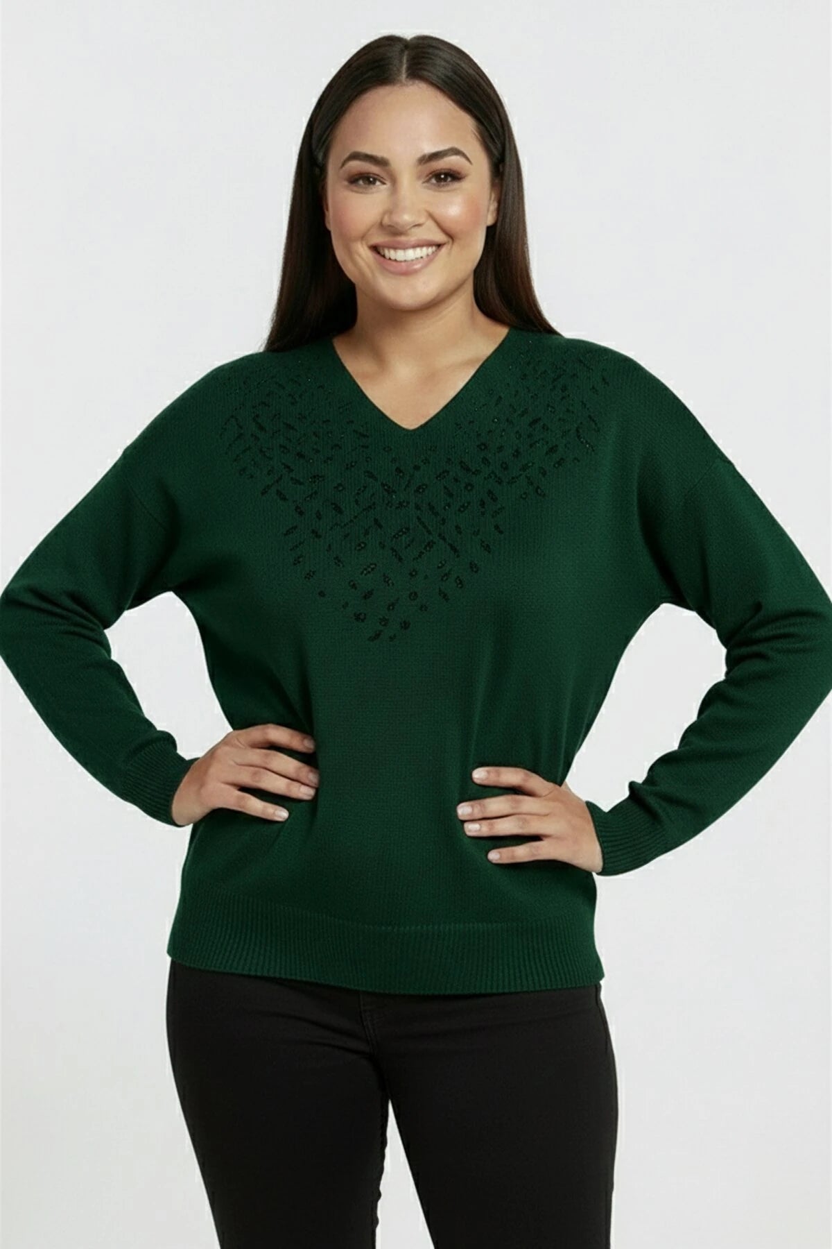 Image of Women's V-Neck Plus Size Knitted Blouse with Glitter Detail on the Front