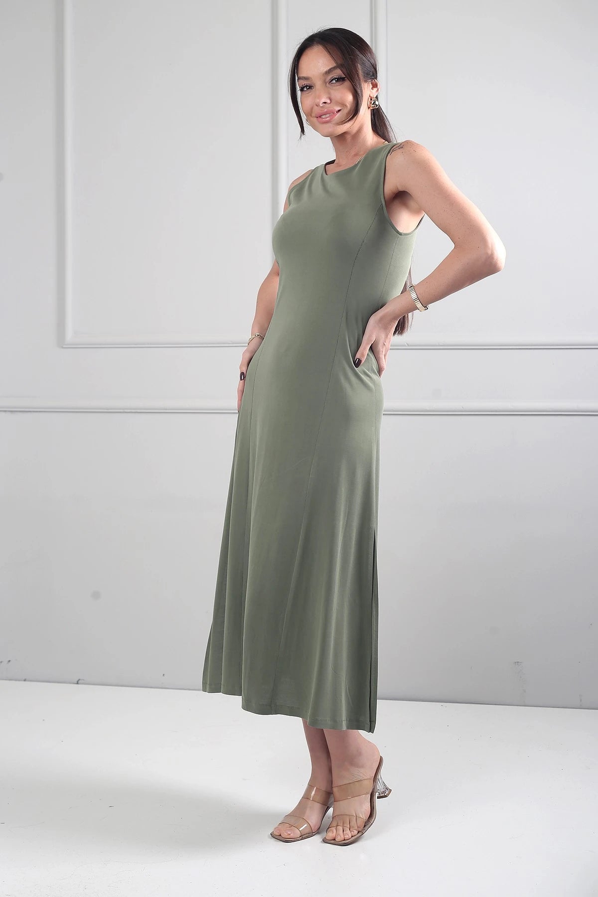 Image of Women's Round Neck Long Dress with Side Slits and Lycra Fabric