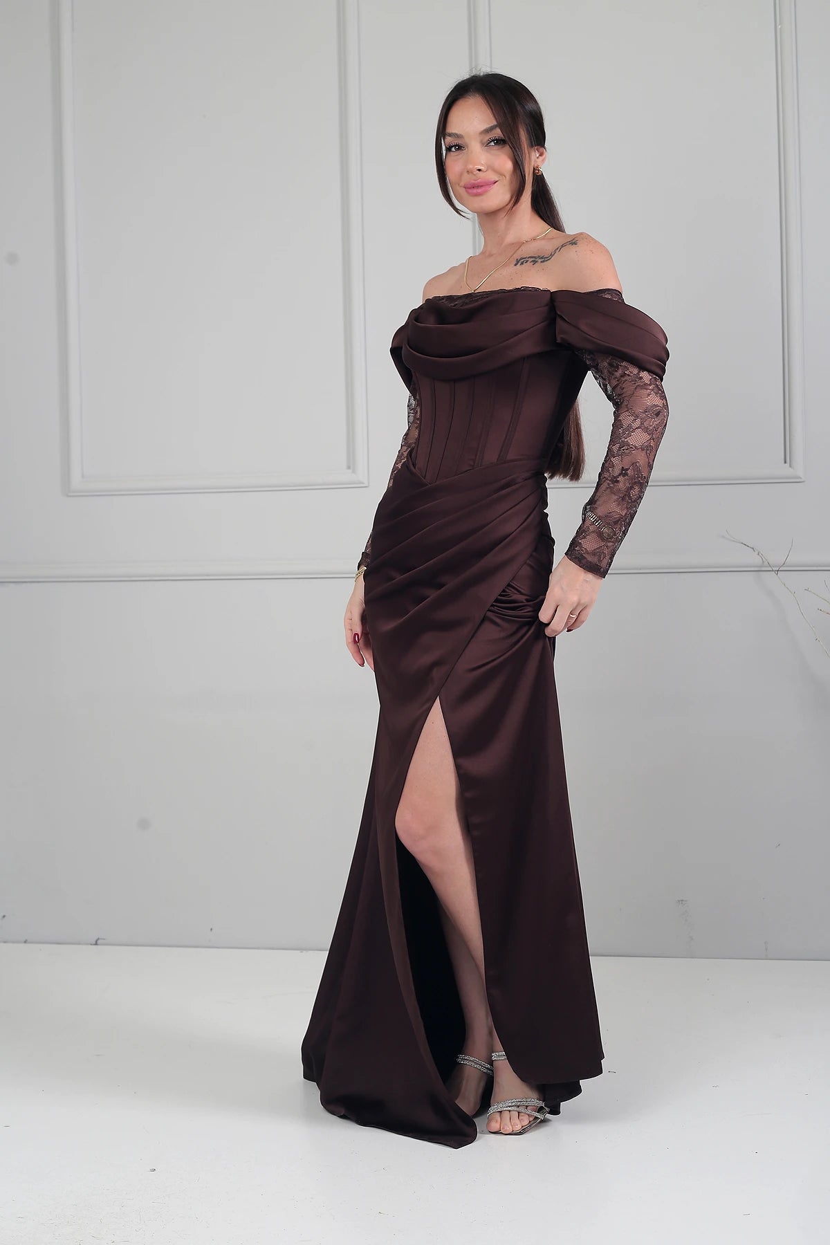Image of Women's Boat Neck Lace Sleeve Lined Long Satin Dress