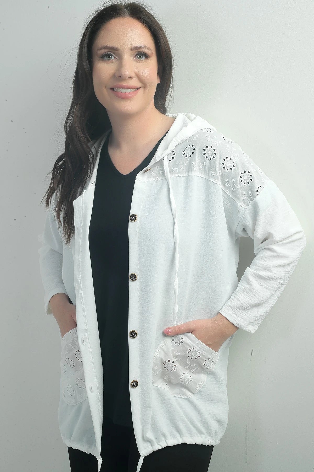 Image of Women's Hooded, Button-Front, Pocketed, Ruffled Plus Size Cardigan