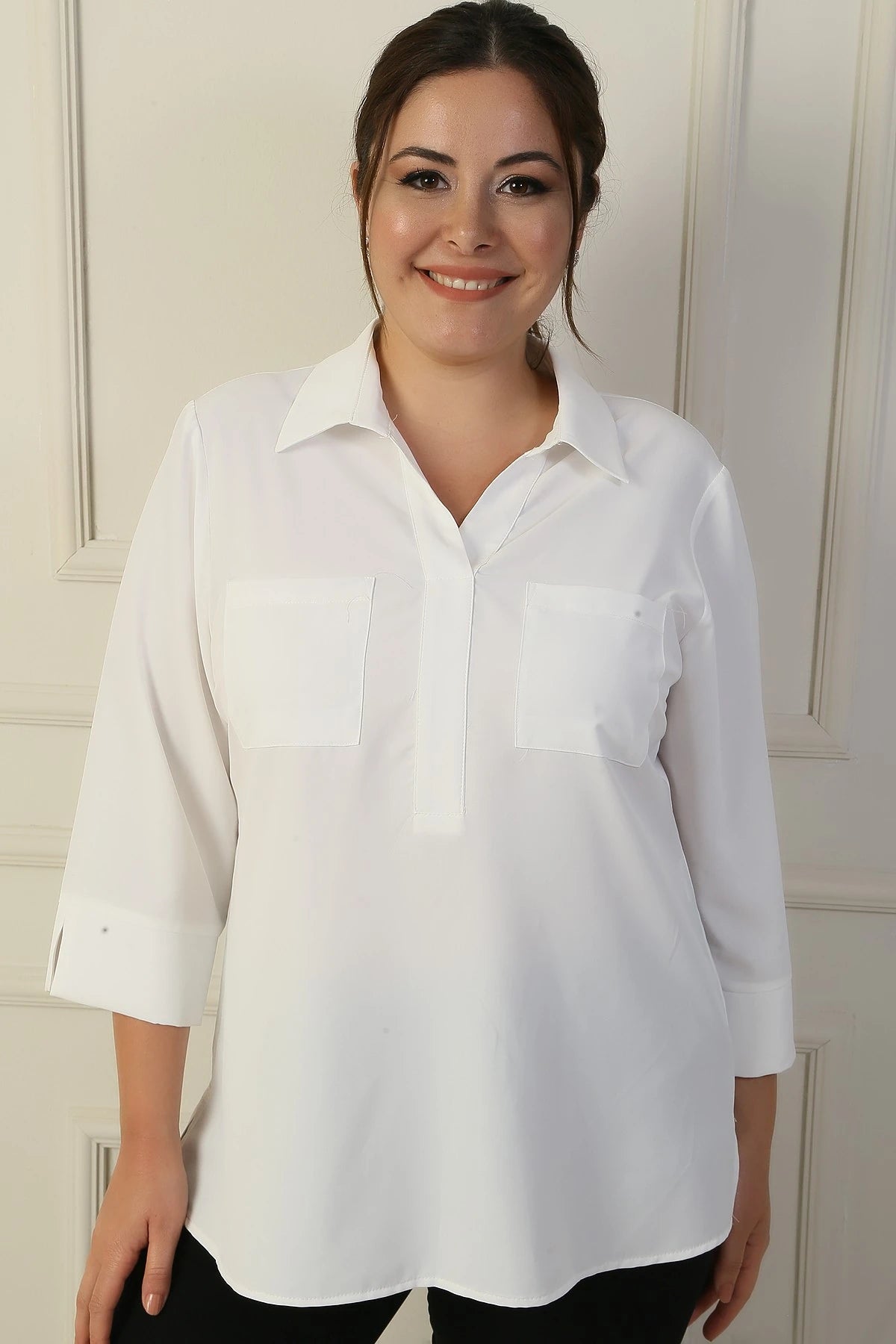 Image of Polo Collar Pocketed Quarter Sleeve BB Blouse