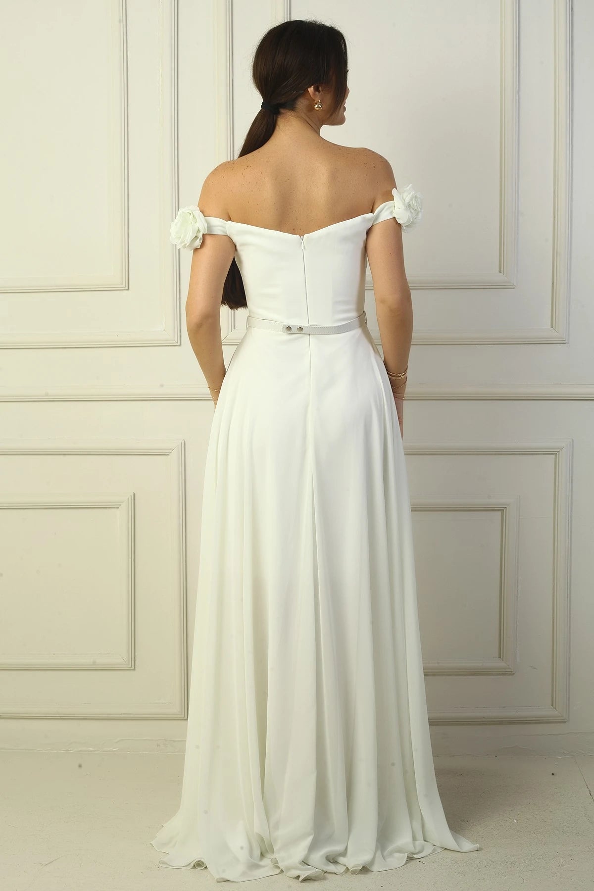 Image of Women's Long Chiffon Dress with Laser-Cut Floral Neckline and Lining, Belted Waist