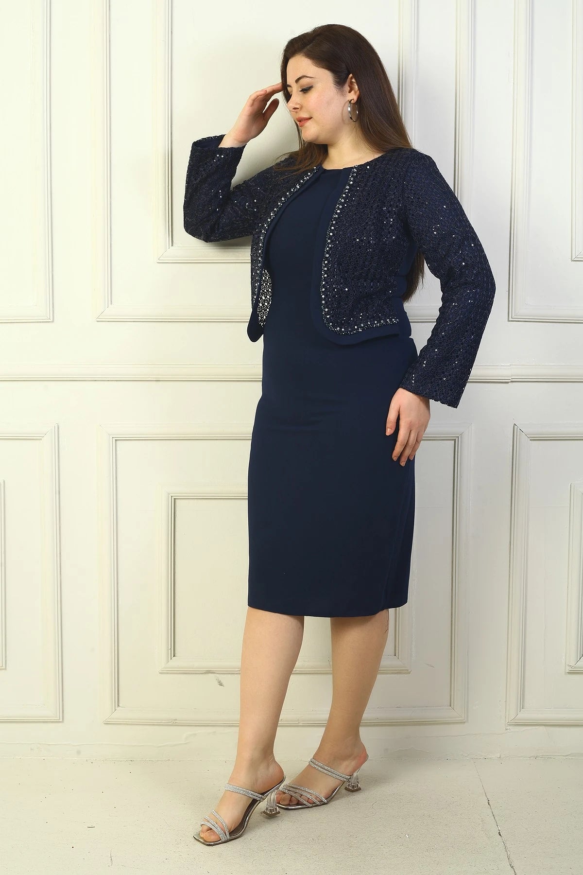 Image of Women's Plus Size Crepe Dress with Lace Jacket Look and Lining