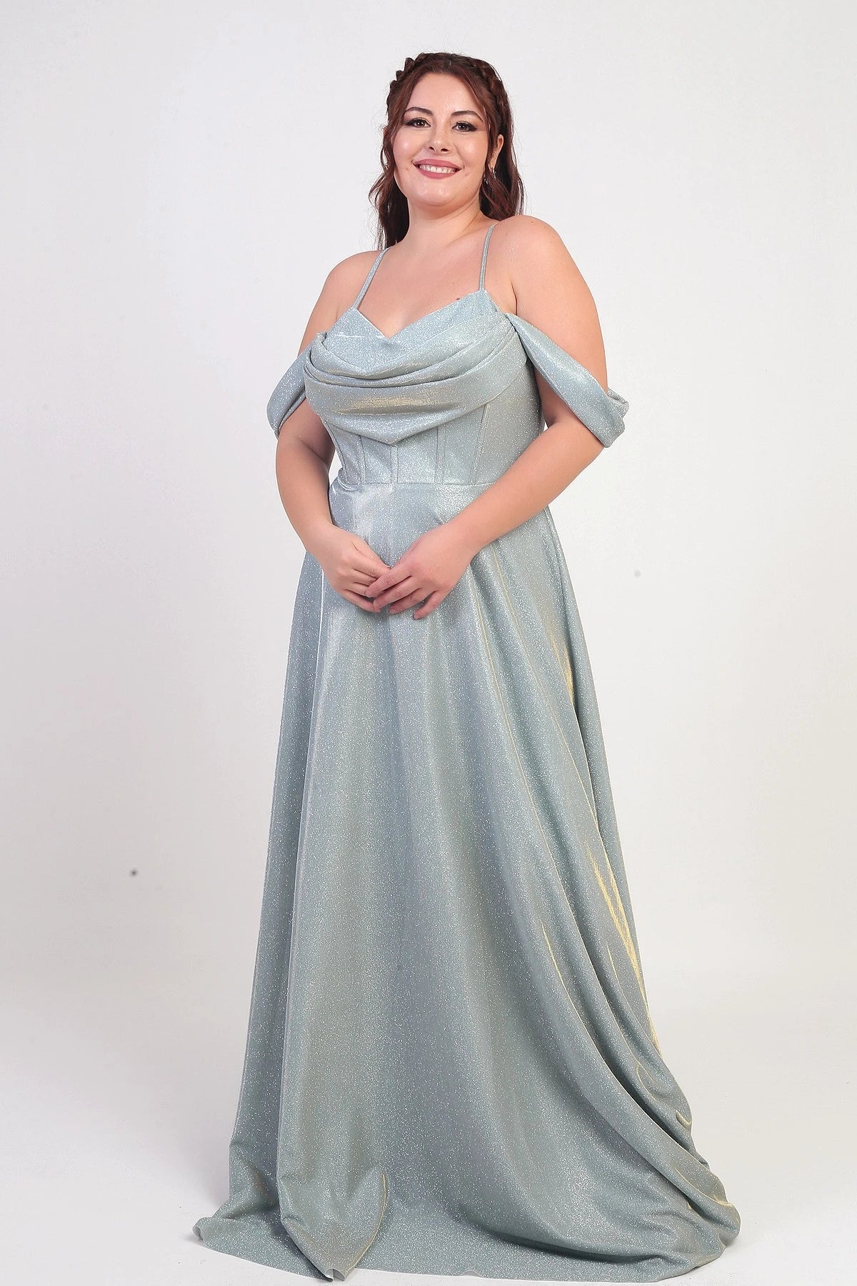 Image of Women's Strappy, Back Lace-Up, Bust Draped, Lined, Underwired, Plus Size Glitter Dress