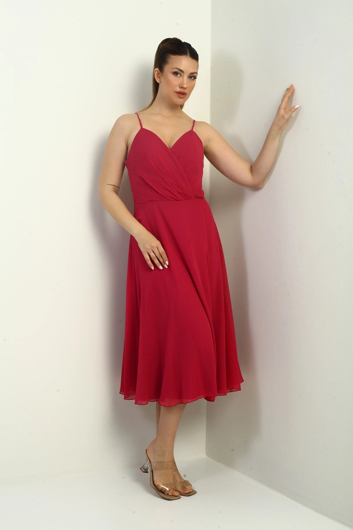 Image of Women's Strappy Wrap Neckline Lined Lace-Up Back Flared Chiffon Dress