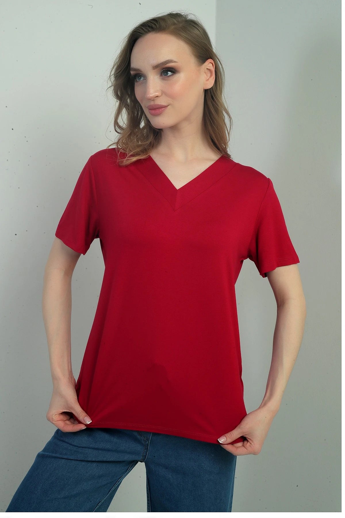Image of Women's V-Neck Short-Sleeve Blouse with Slit