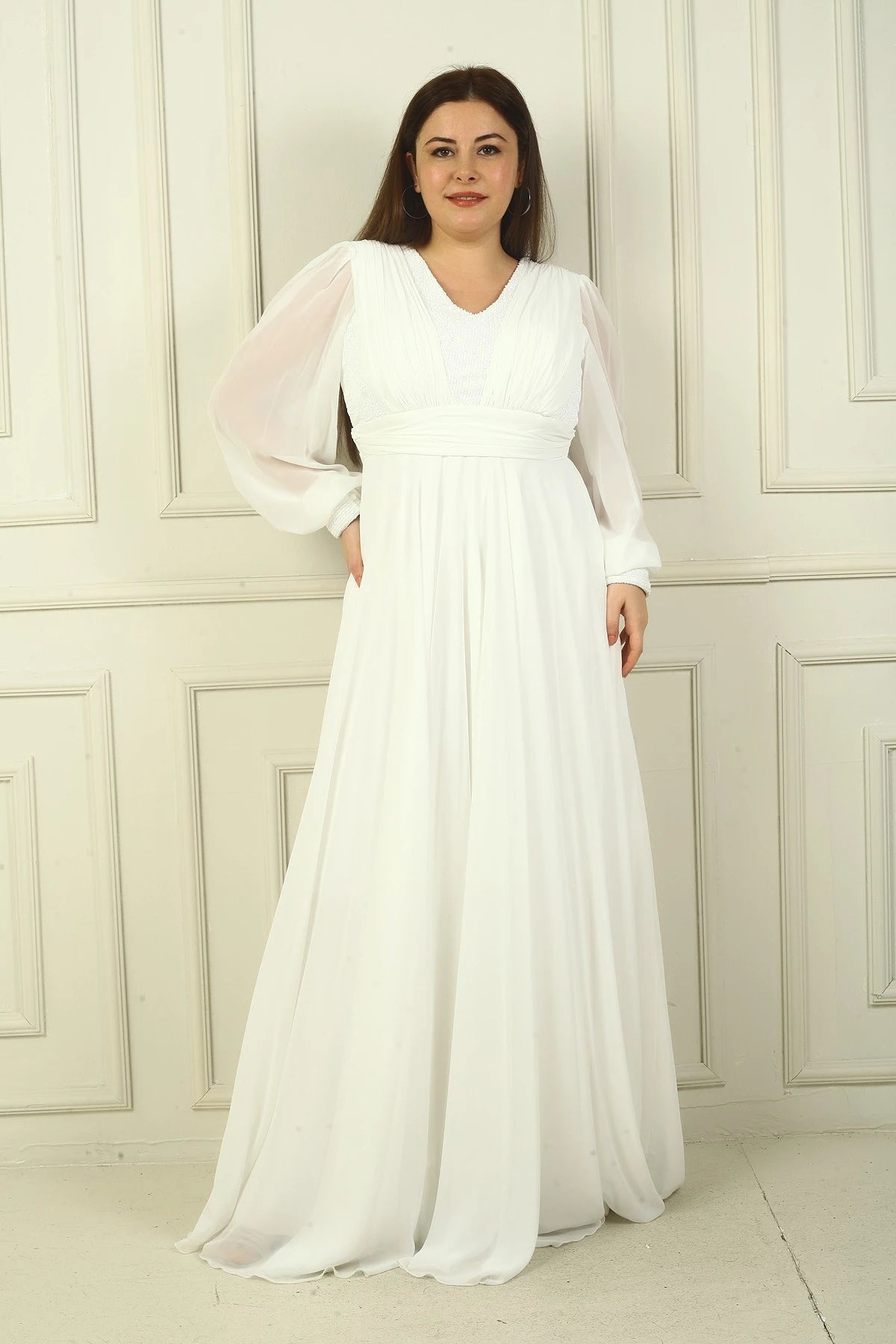 Image of Women's Front and Back V-Neck Sequined Lined Plus Size Long Chiffon Evening Dress